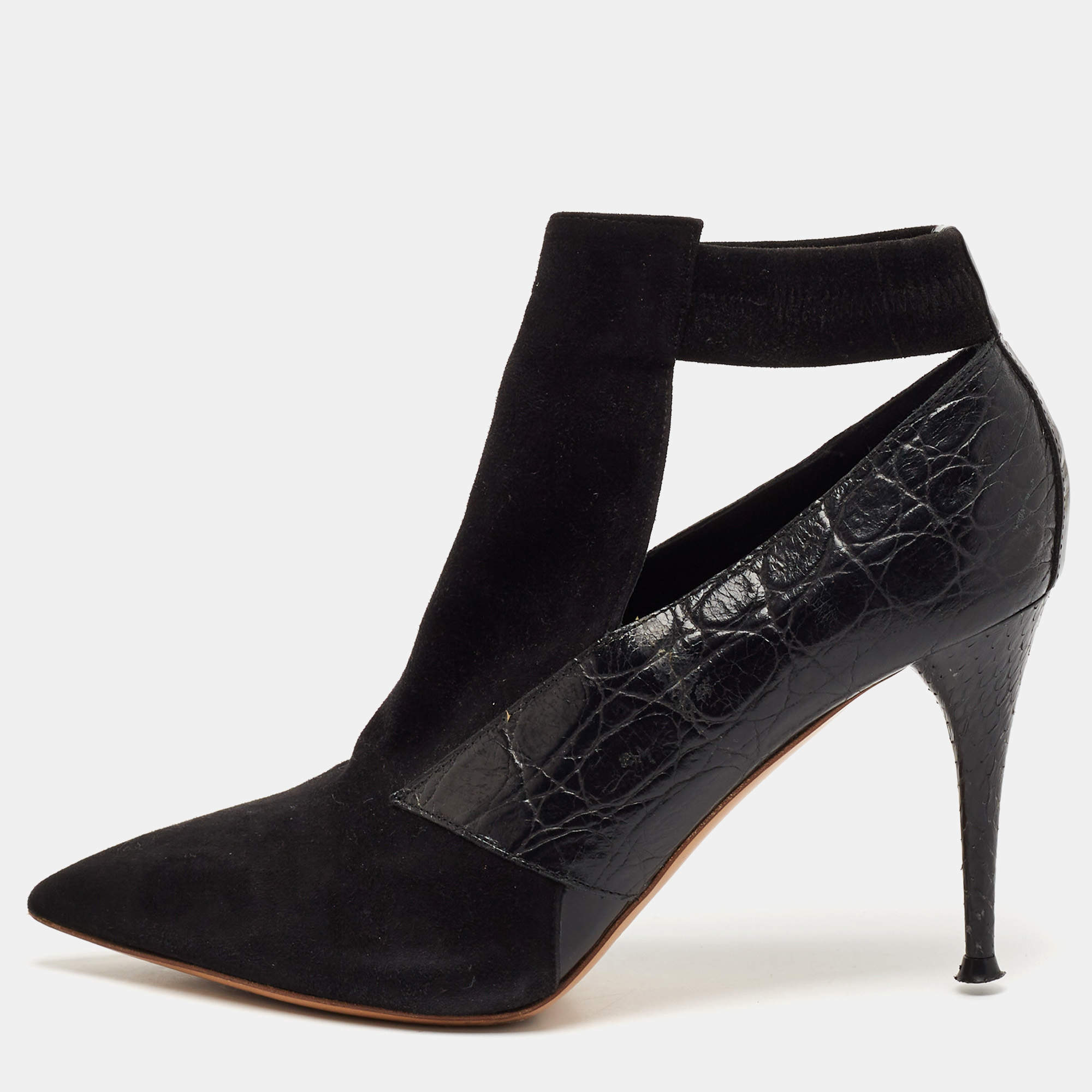 Chloe Black Croc Embossed Leather and Suede Ankle Length Boots Size 36