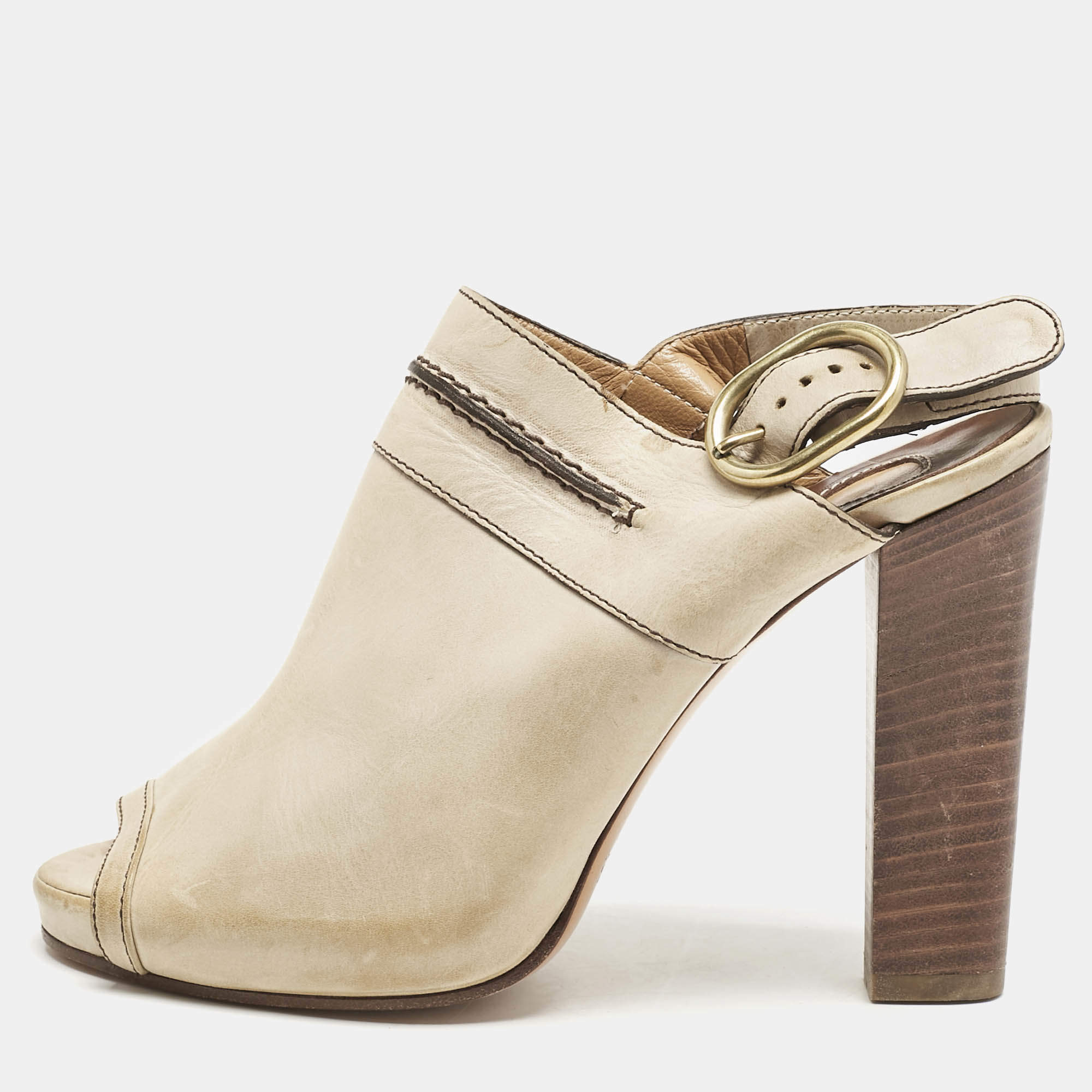 Chloe Beige Leather Peep Toe Slingback Sandals Size 37