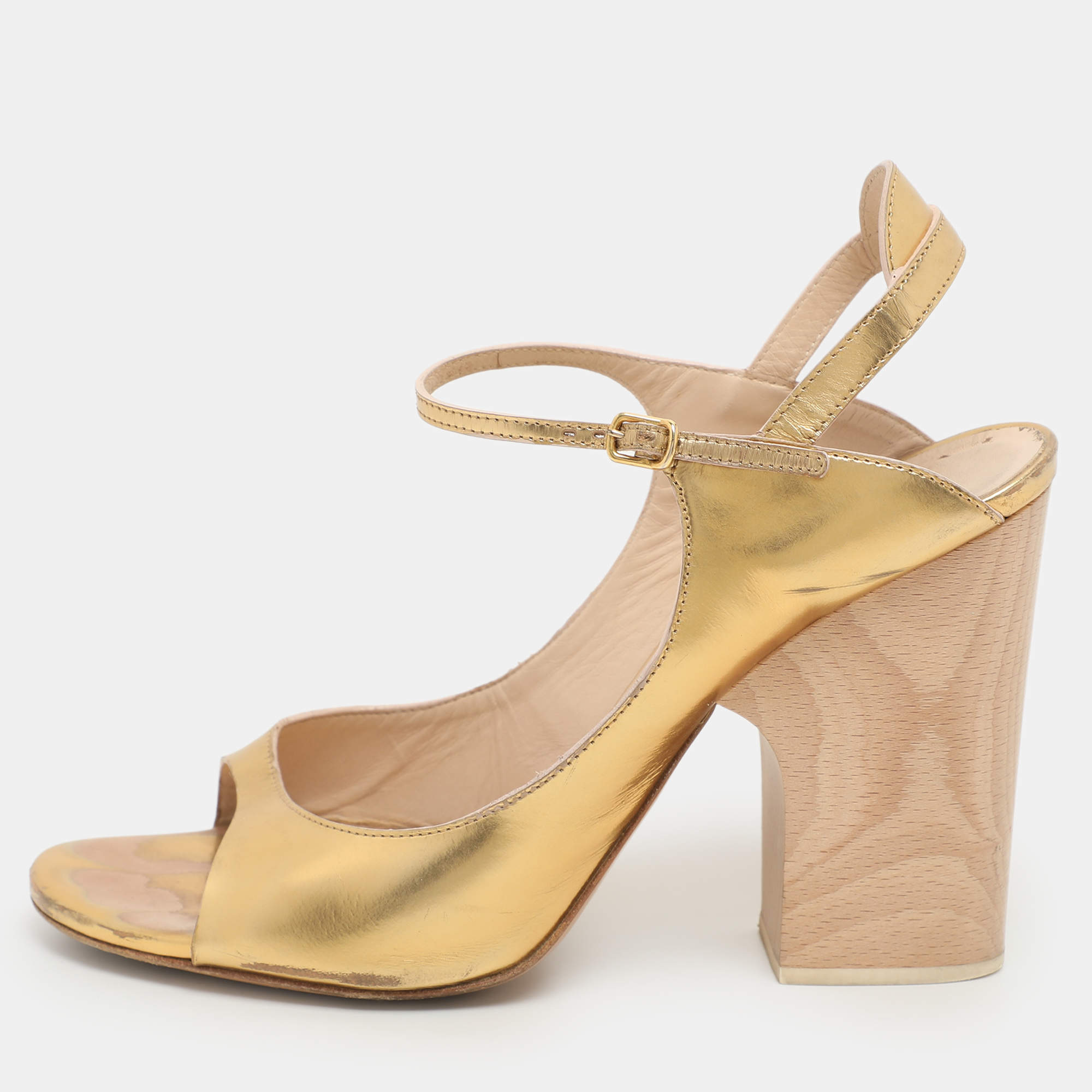 Pre Owned Chloe Gold Leather Ankle Strap Pumps Size 40