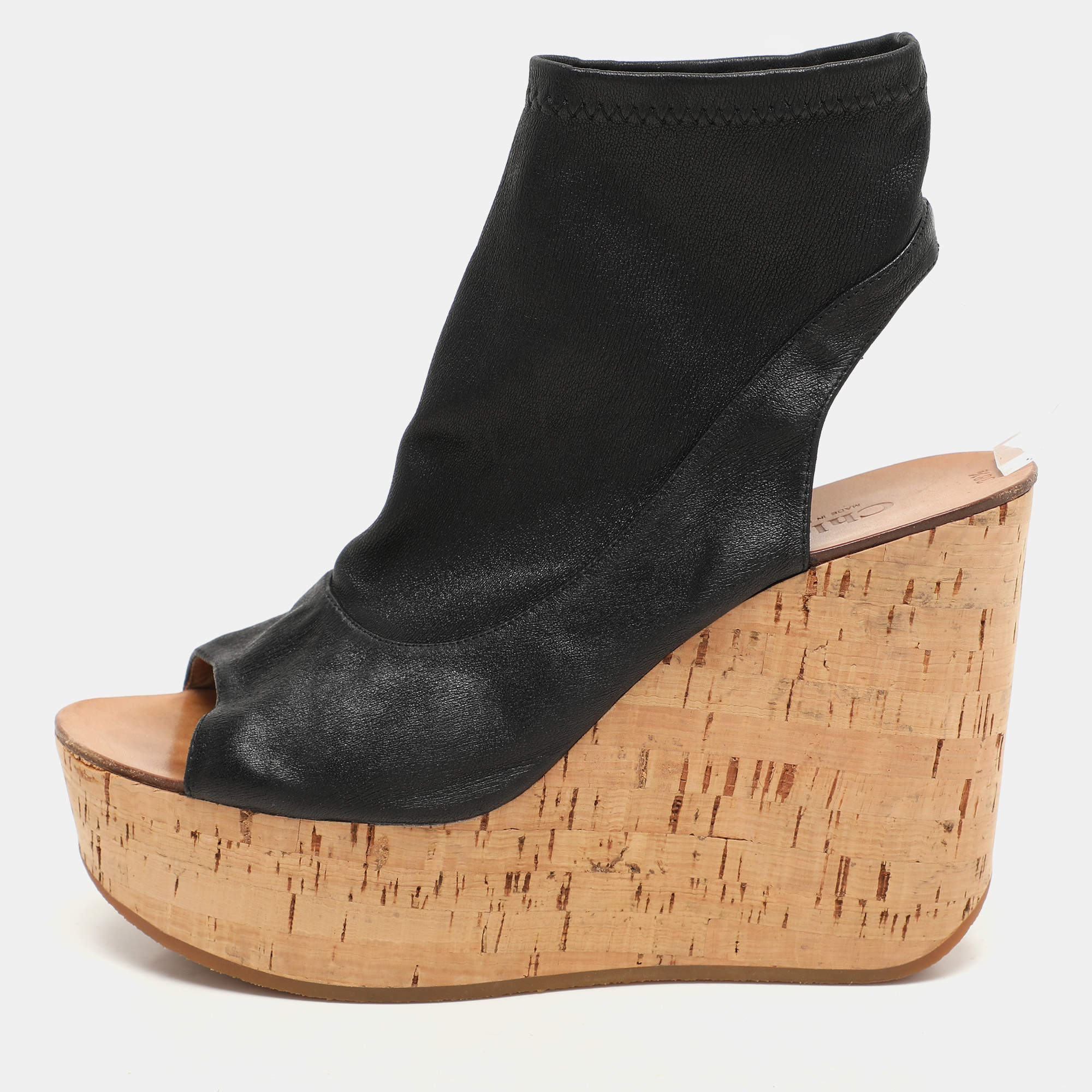 Chloe Black Leather Cork Wedge Cut Out Boots Size 38.5