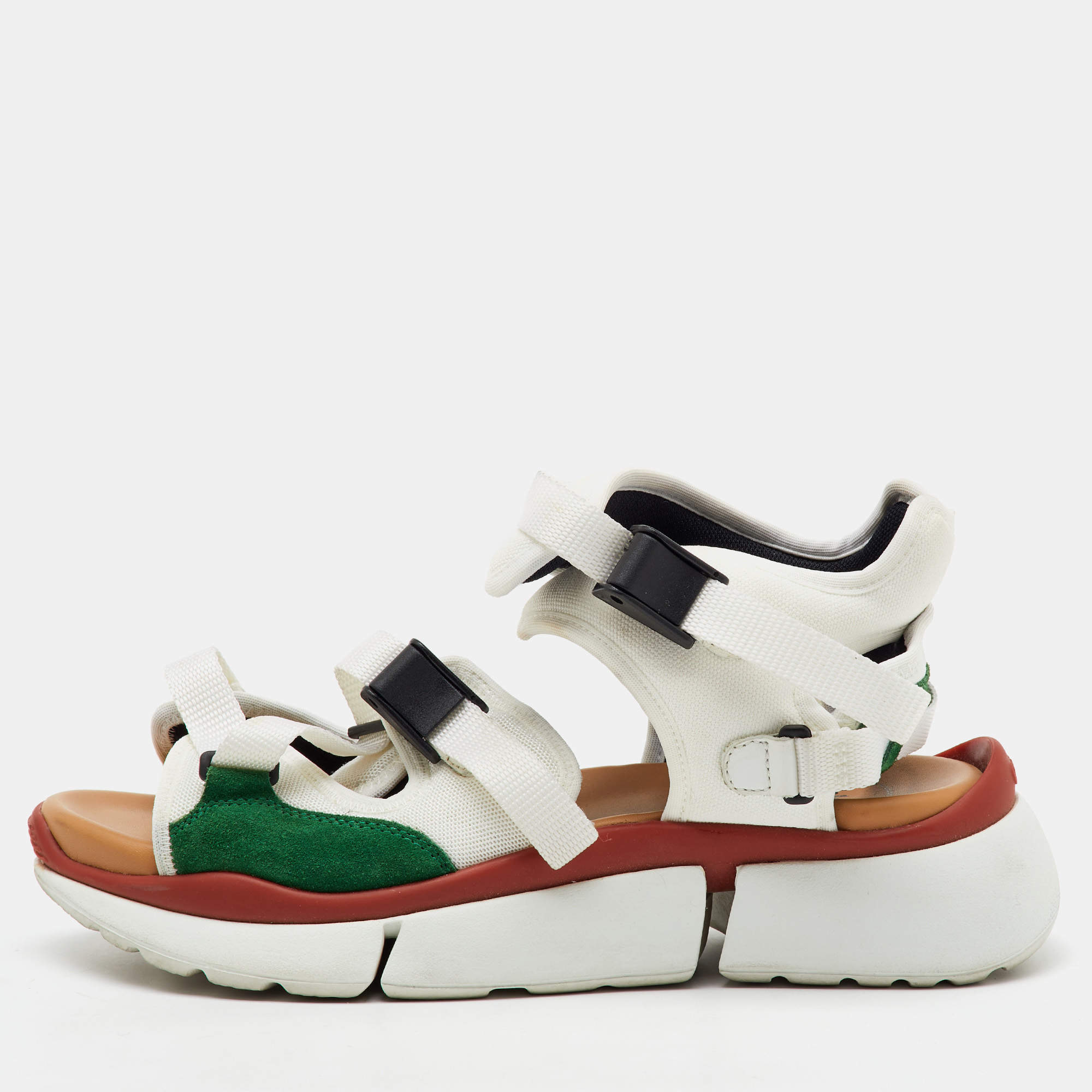 Chloé White/Green Fabric and Suede Sonnie Ankle Strap Sandals Size 39