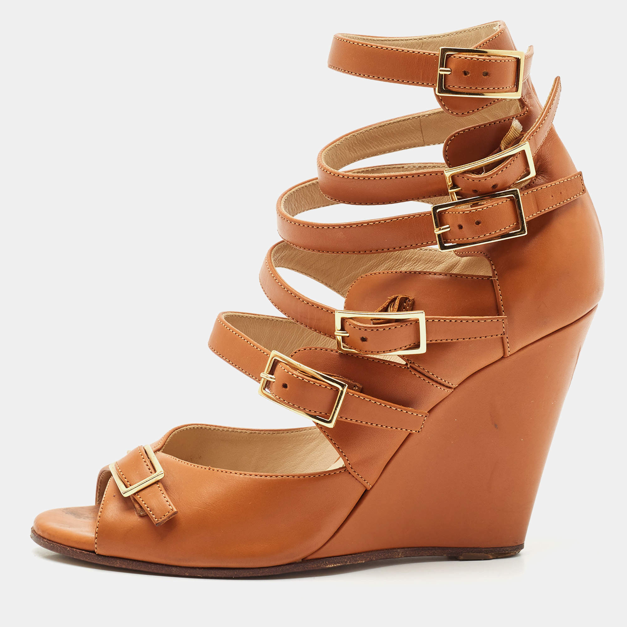 Chloe Brown Leather Strappy Buckle Wedge Sandals Size 36.5