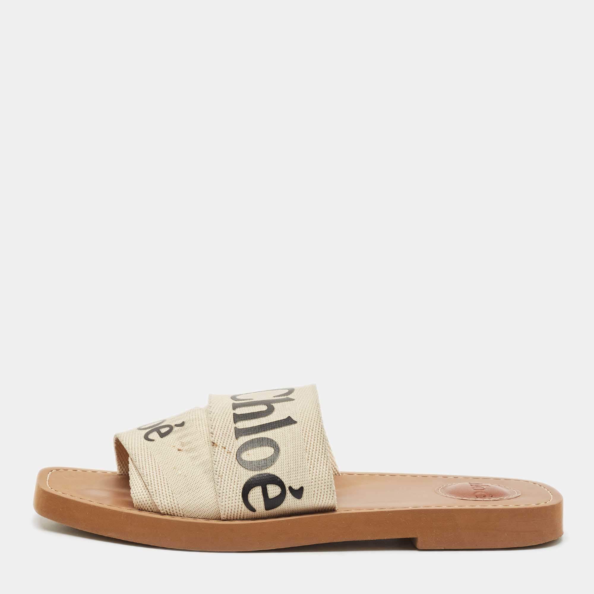 Pre Owned Chloe Off White Canvas Logo Ribbon Woody Flat Slide Sandals Size 37