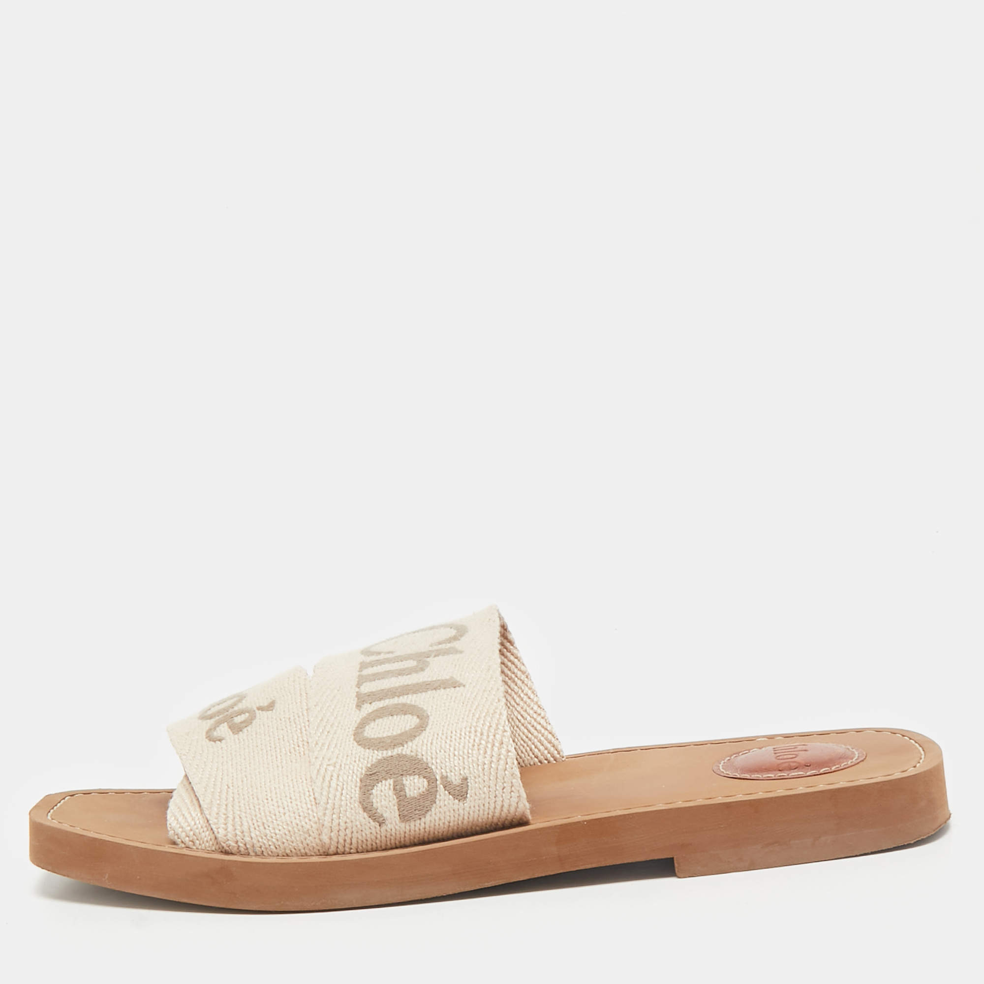 Chloe Beige Canvas Logo Ribbon Woody Flat Slide Sandals Size 37