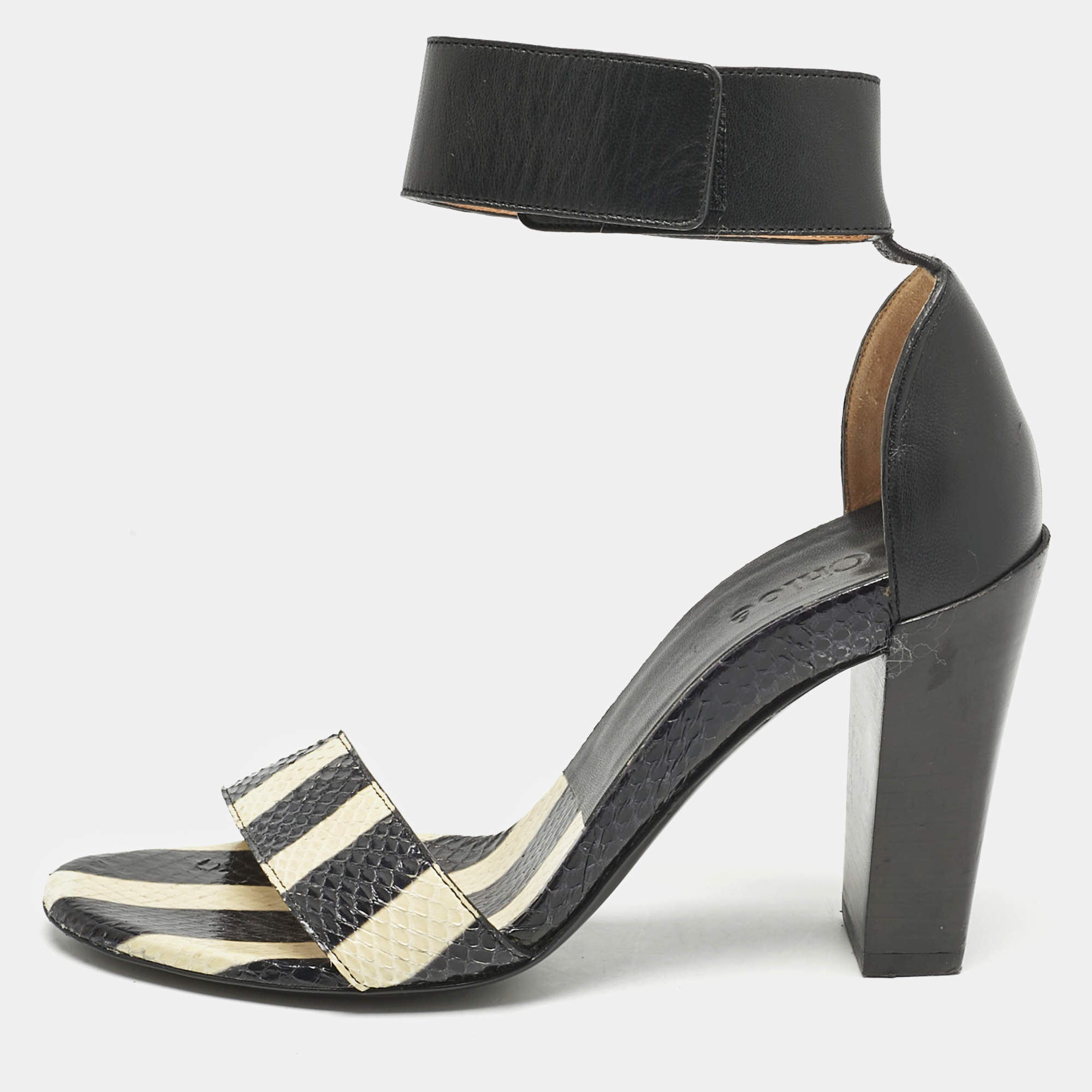 Chloe Black/BeigeSnakeskin and Leather Ankle Strap Sandals Size 36