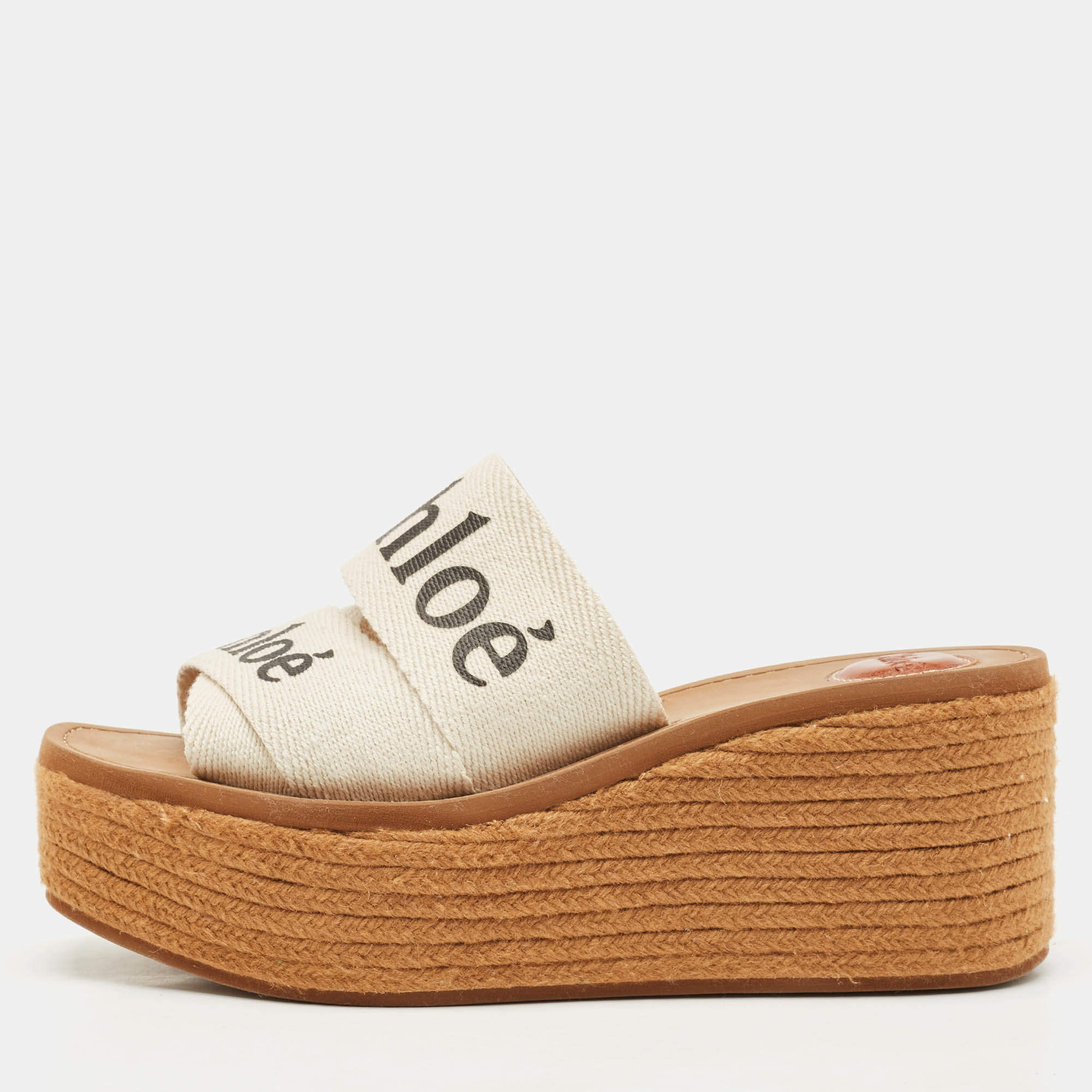 Chloe White Canvas Woody Wedge Slide Sandals Size 39