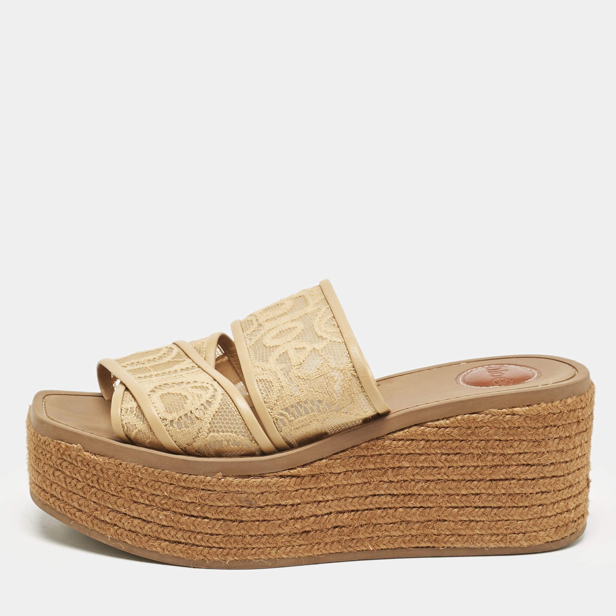 Pre Owned Chloe Beige Canvas Logo Print Woody Wedge Platform Slide Sandals Size 39