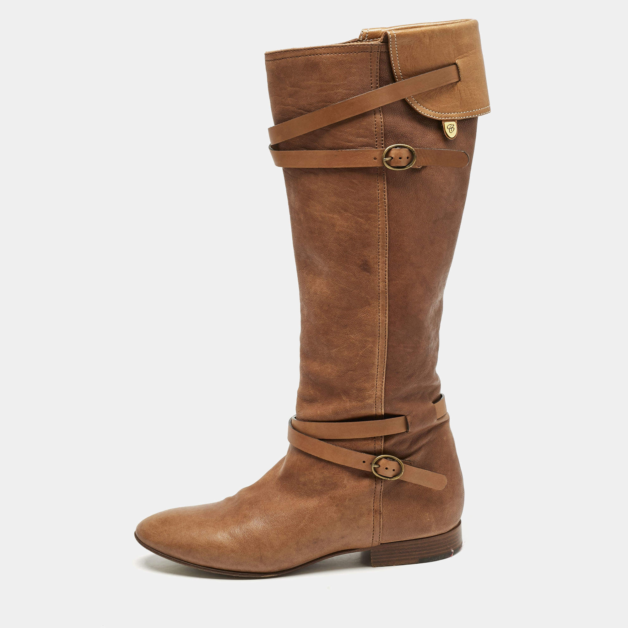 Chloe Brown Leather Strappy Buckle Knee Length Boots Size 38.5