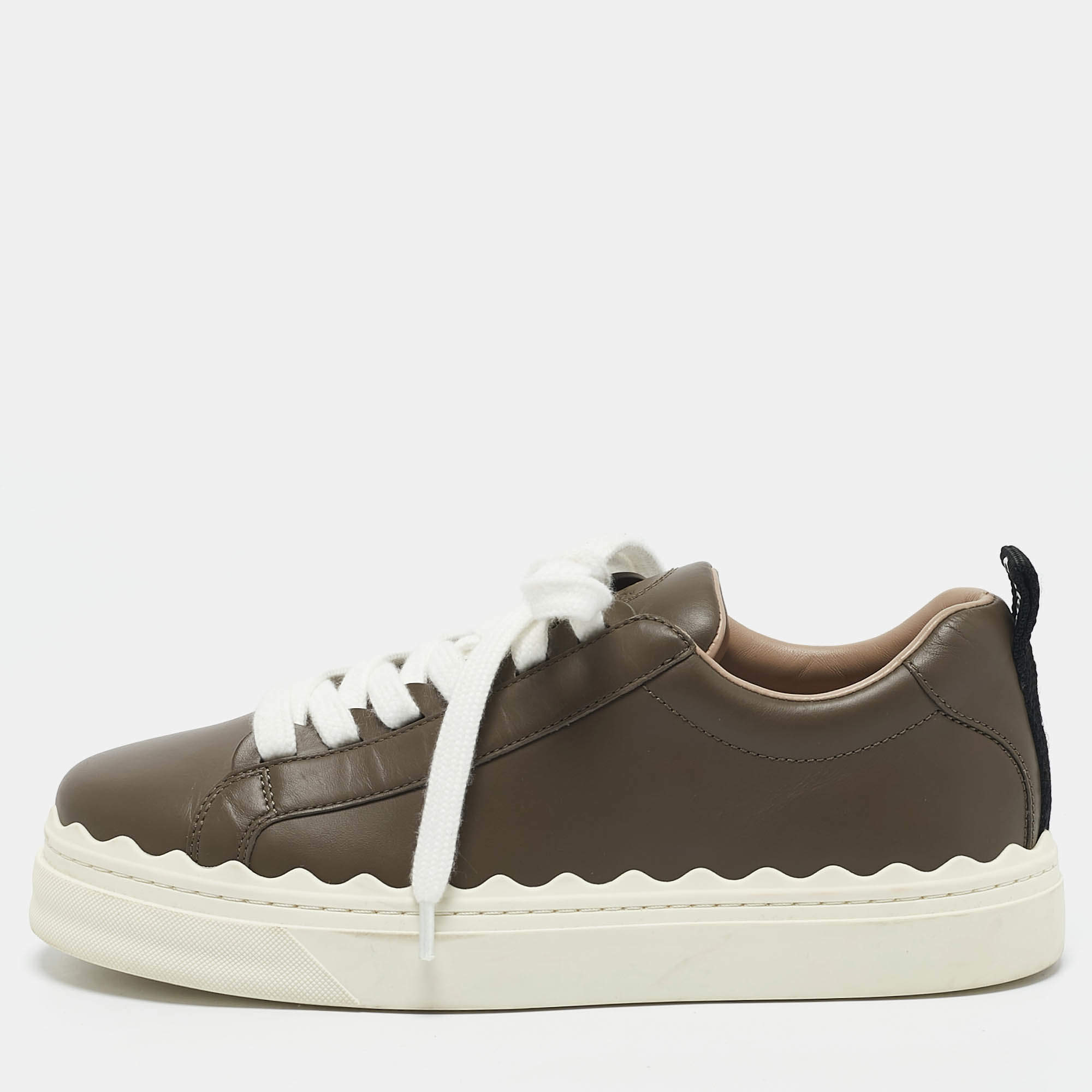 Chloe Brown Lace and Leather Lauren Sneakers Size 39