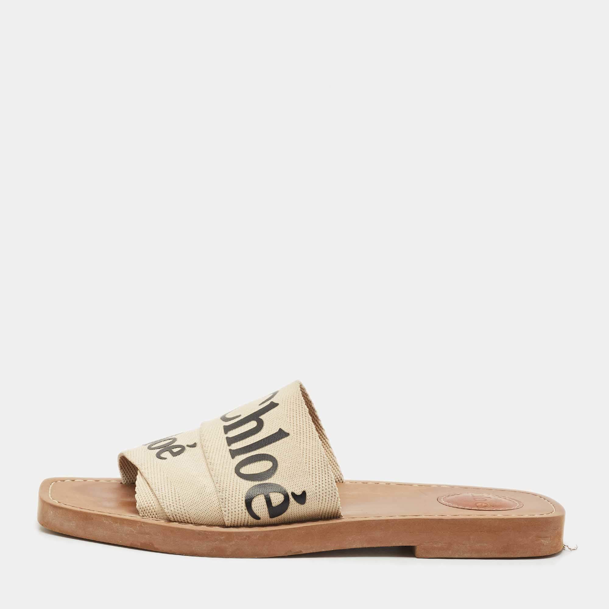 Chloe Beige Canvas Logo Ribbon Woody Flat Slide Sandals Size 37