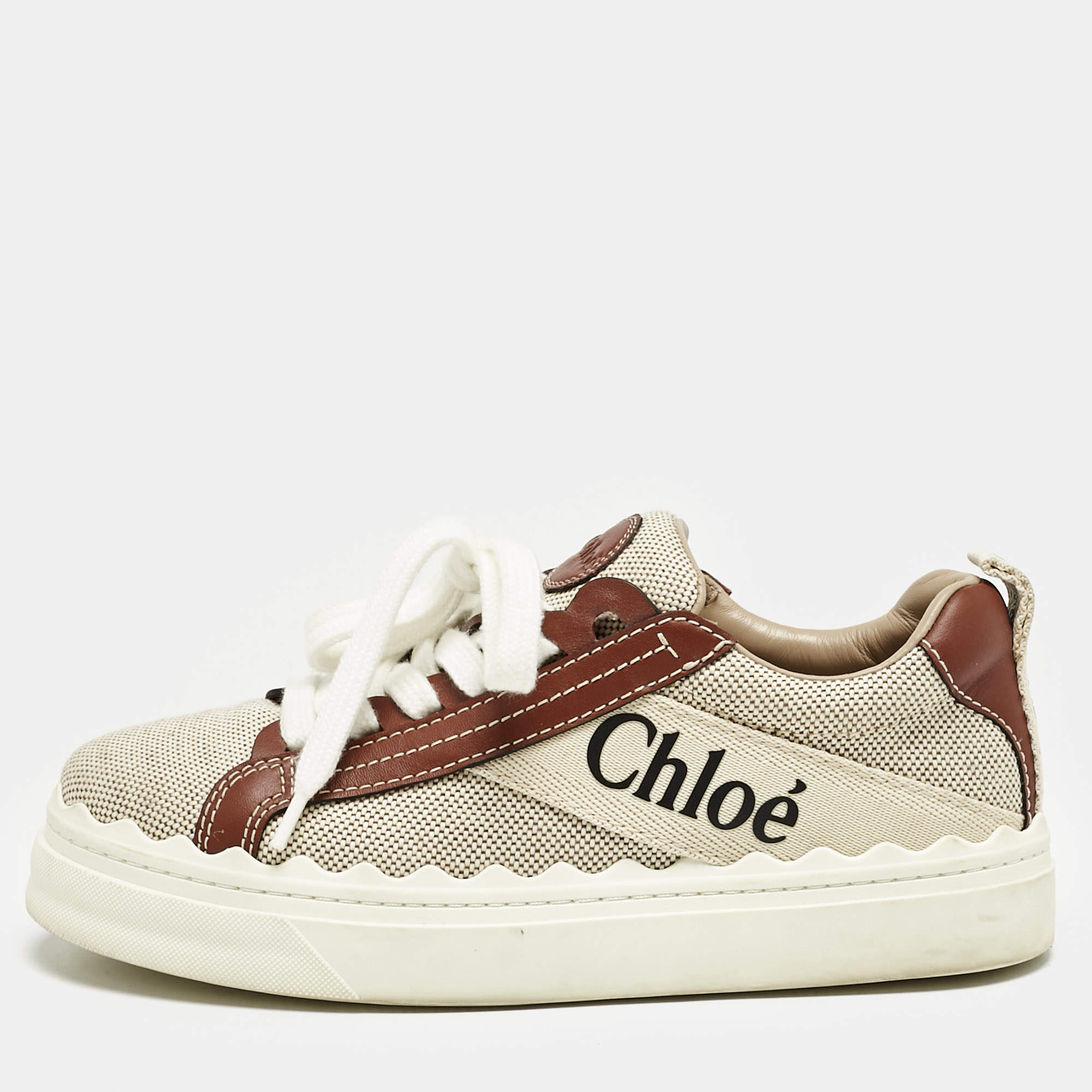 Chloe Beige/Brown Canvas and Leather Lauren Sneakers Size 37