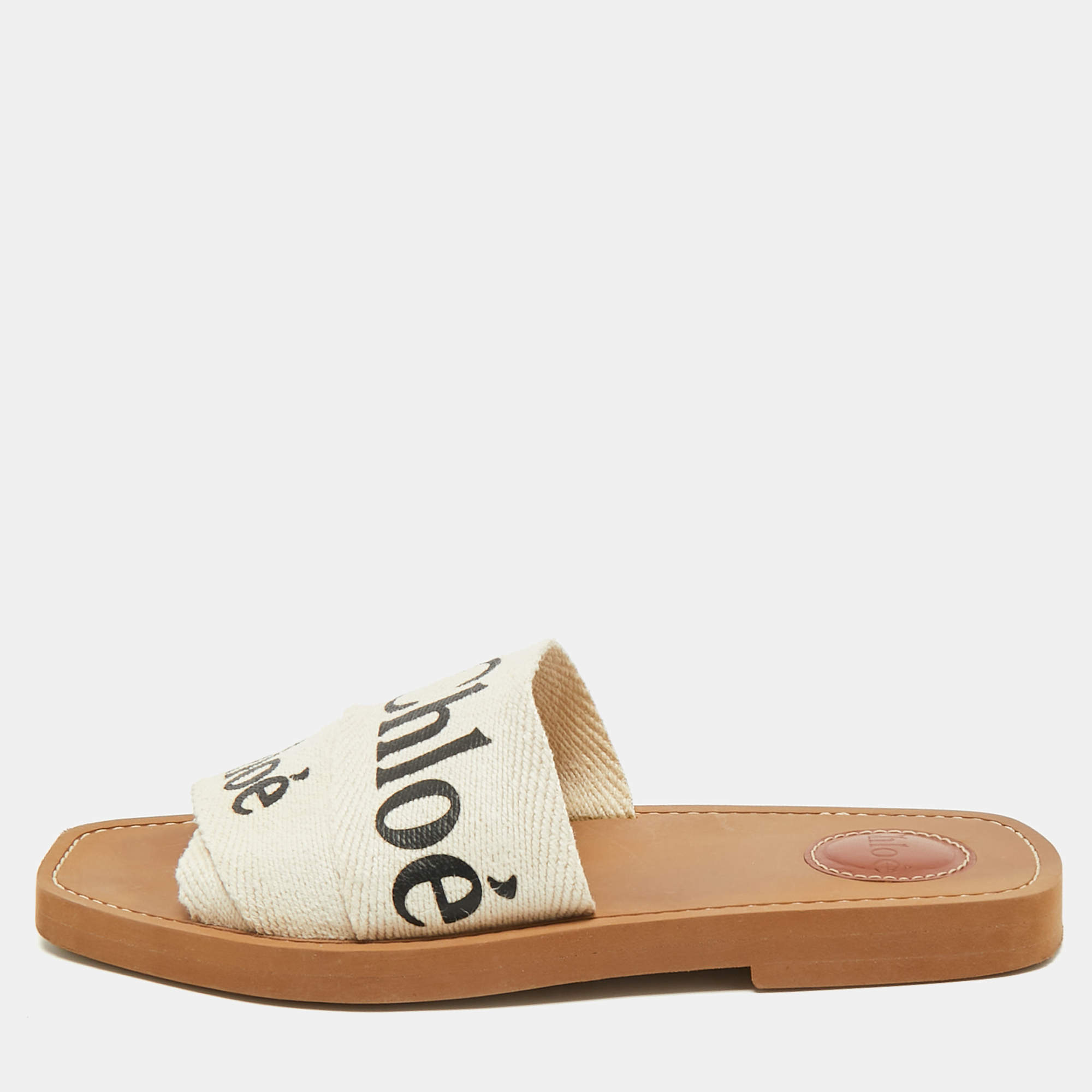 Chloe Off White Logo Print Canvas Woody Flat Slides Size 37