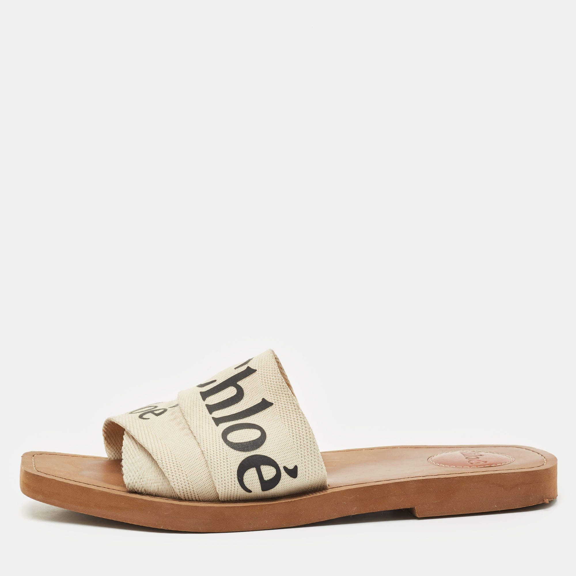 Chloe Off White Logo Print Canvas Woody Flat Slides Size 38