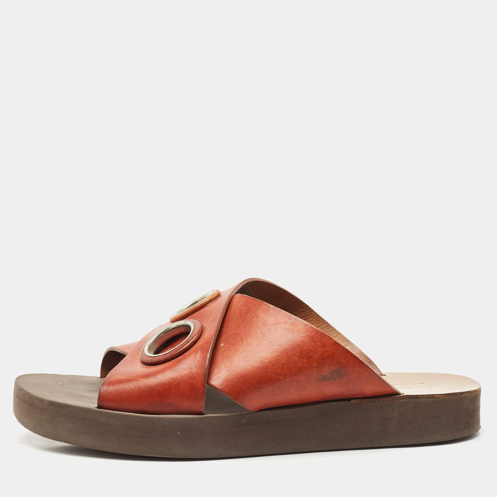 Pre Owned Chloe Brown Leather Crisscross Flat Slide Size 37