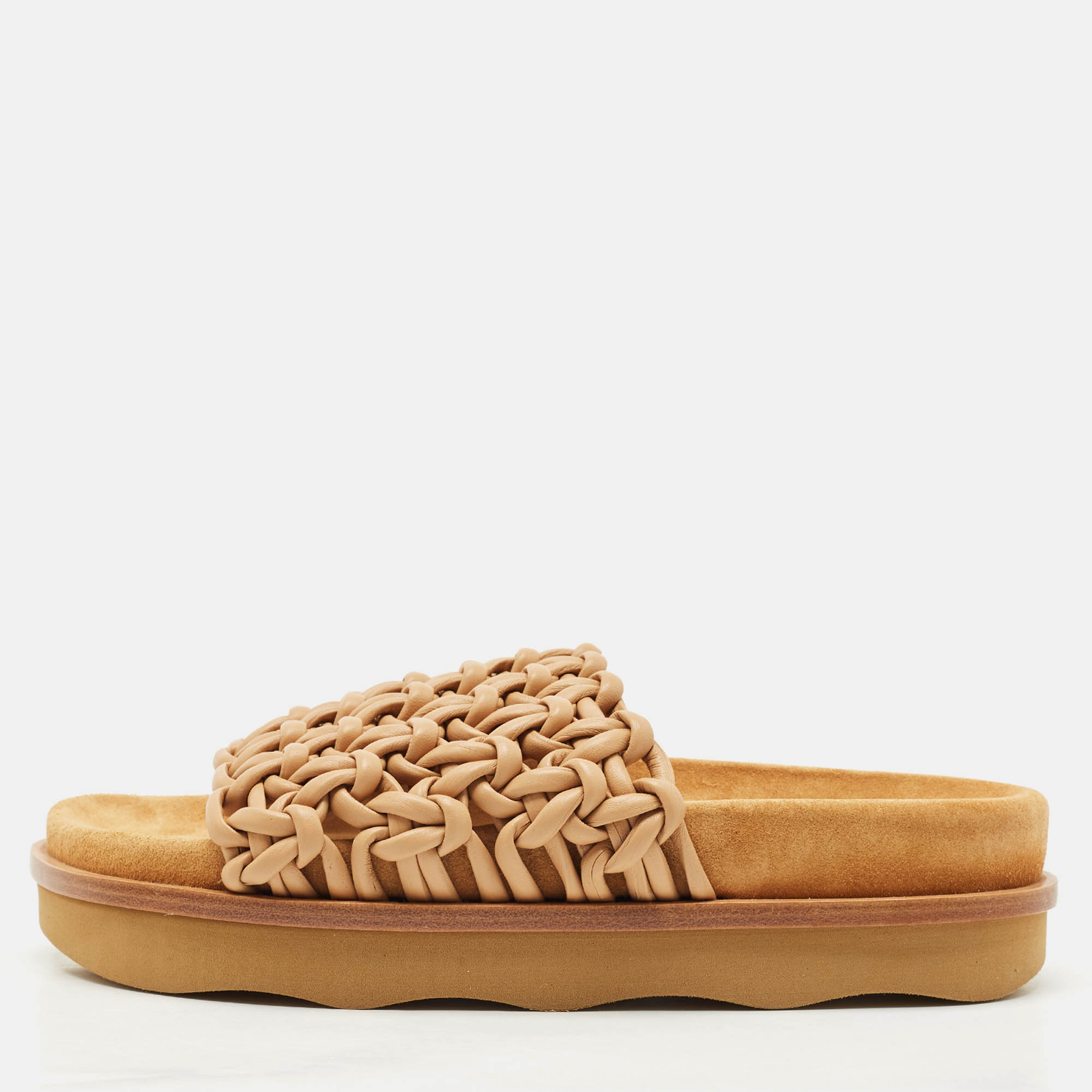 Chloe Brown Braided Leather Kacey Platform Slide Sandals Size 36