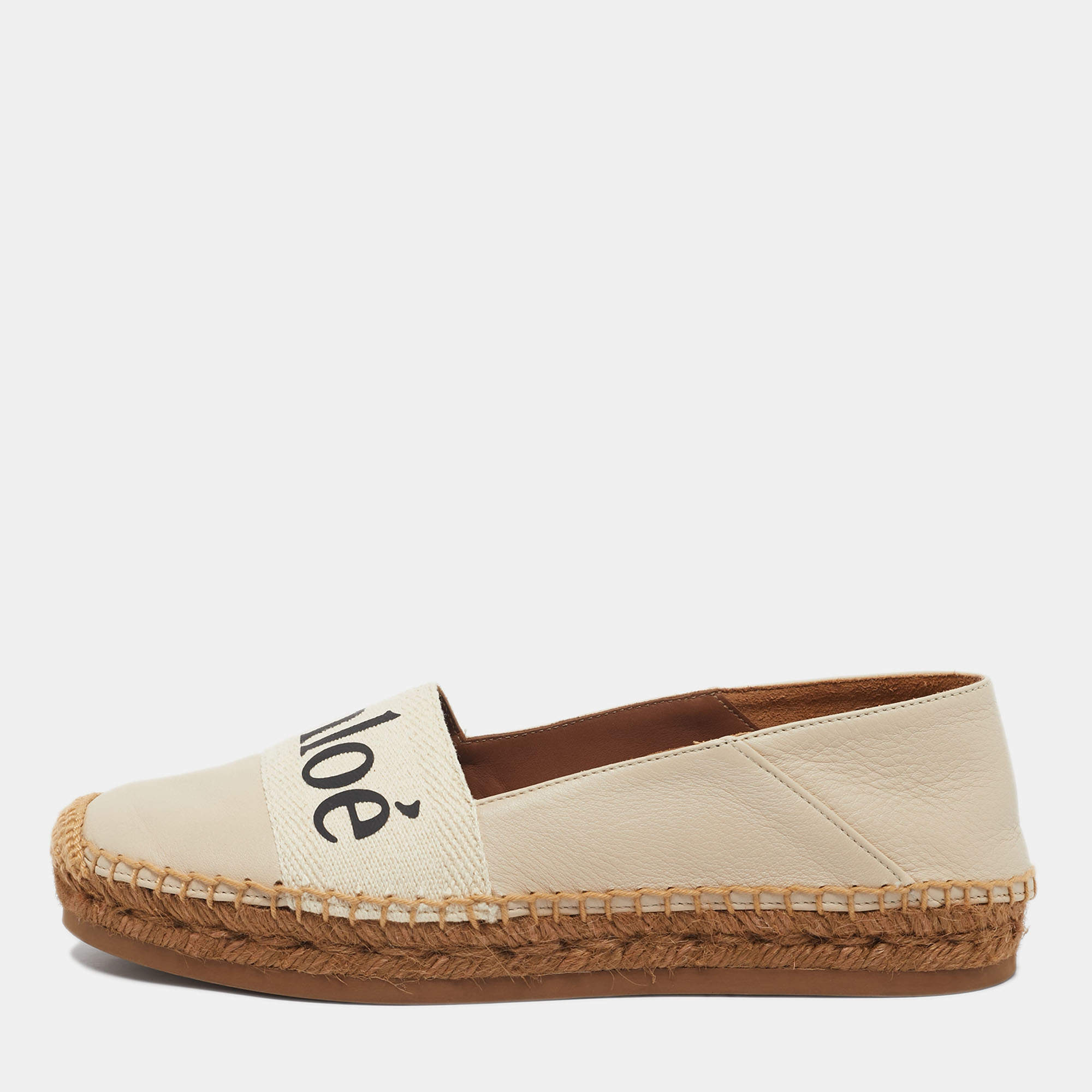 Pre Owned Chloe Cream Leather and Logo Canvas Woody Espadrille Flats Size 37