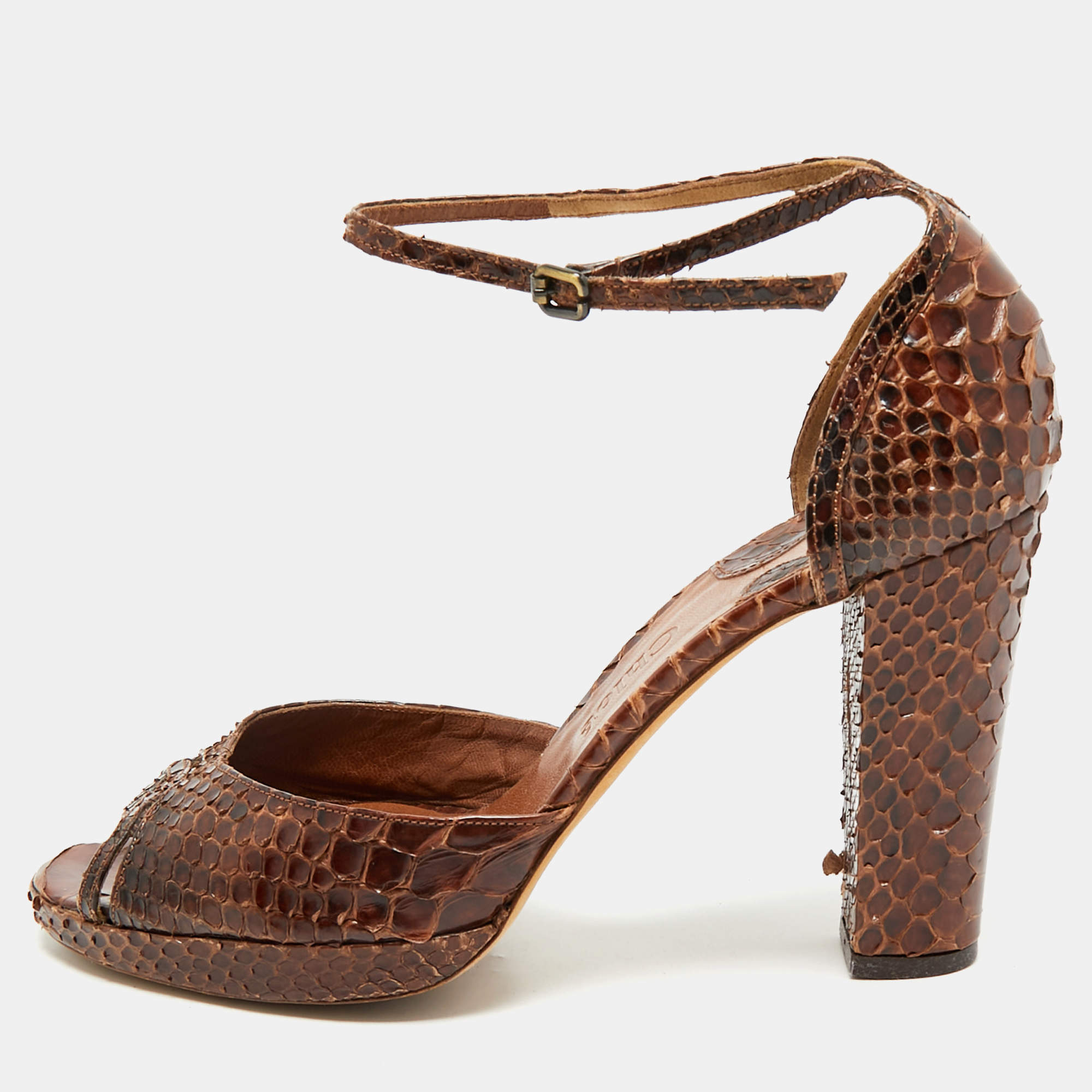 Pre Owned Chloe Dark Brown Python Ankle Strap Sandals Size 40