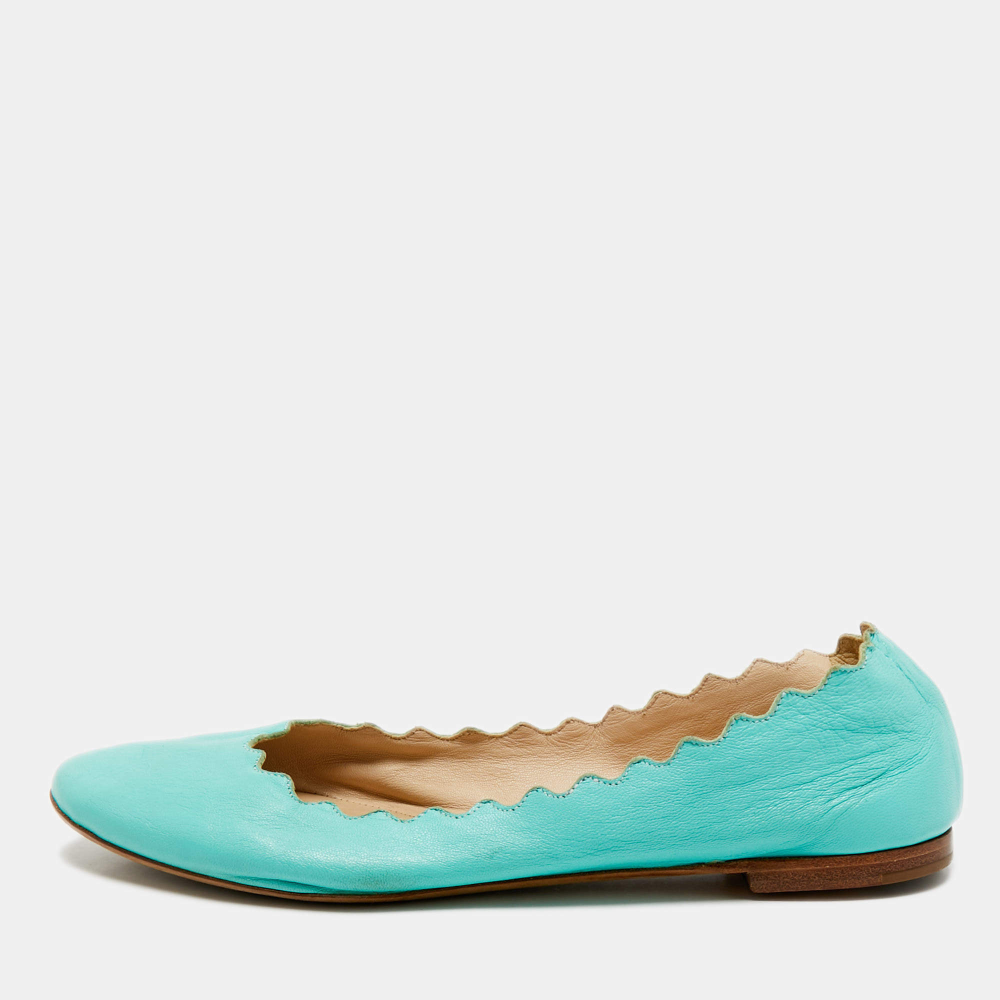 Pre Owned Chloe Turquoise Blue Leather Lauren Scalloped Ballet Flats Size 37