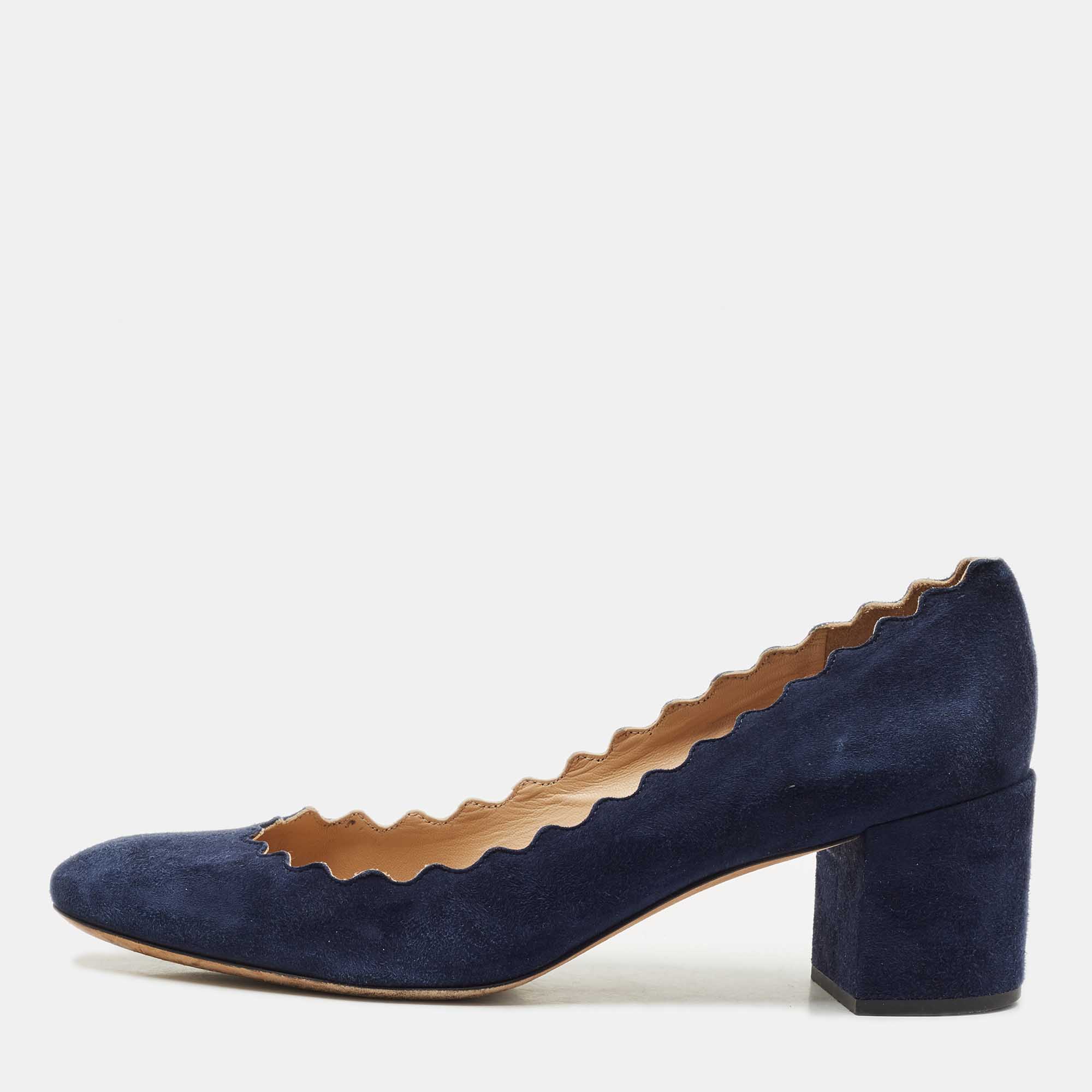 Pre Owned Chloe Navy Blue Scalloped Suede Lauren Pumps Size 38.5