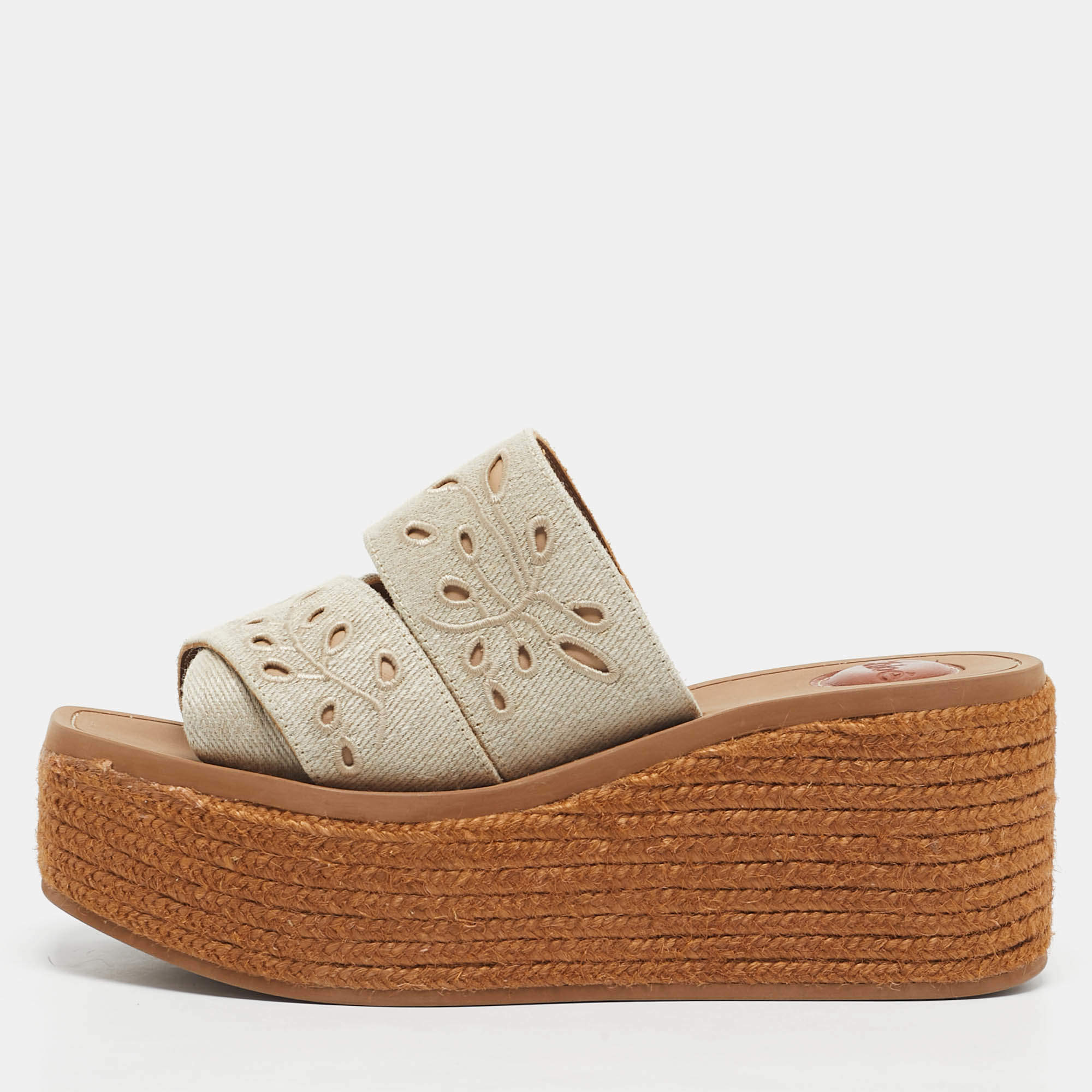 Chloe Beige Logo Print Canvas Woody Wedge Slide Sandals Size