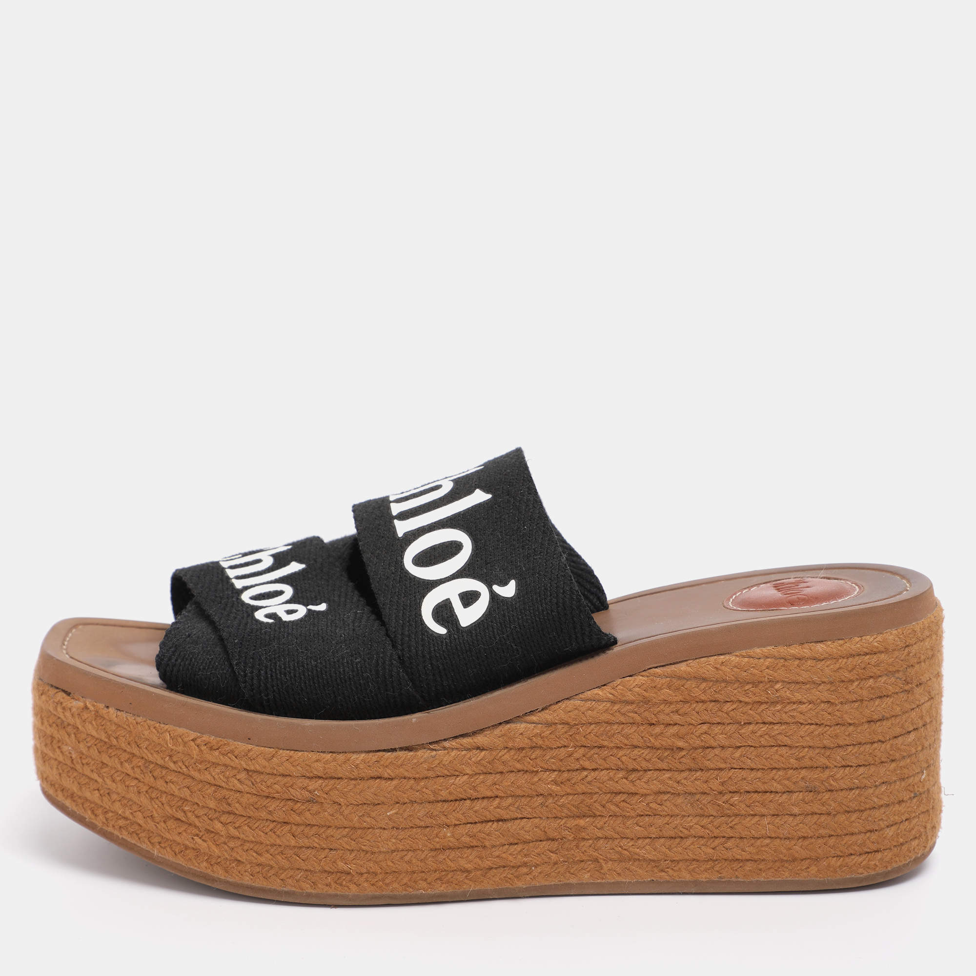 مملوكة مسبقًا Chloe Black Canvas Logo Print Wedge Espadrilles Platform Slide Sandals Size 38