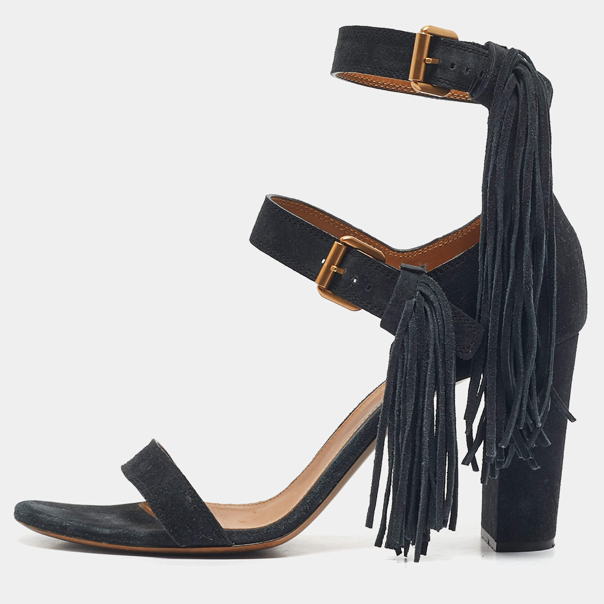 Pre Owned Chloe Navy Blue Suede Fringe Detail Ankle Strap Sandals Size 40.5