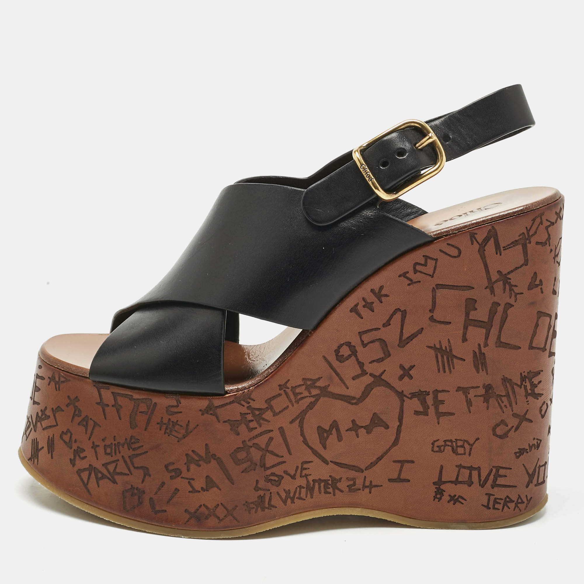 Pre Owned Chloe Black Leather Maxime Platform Wedge Sandals Size 38