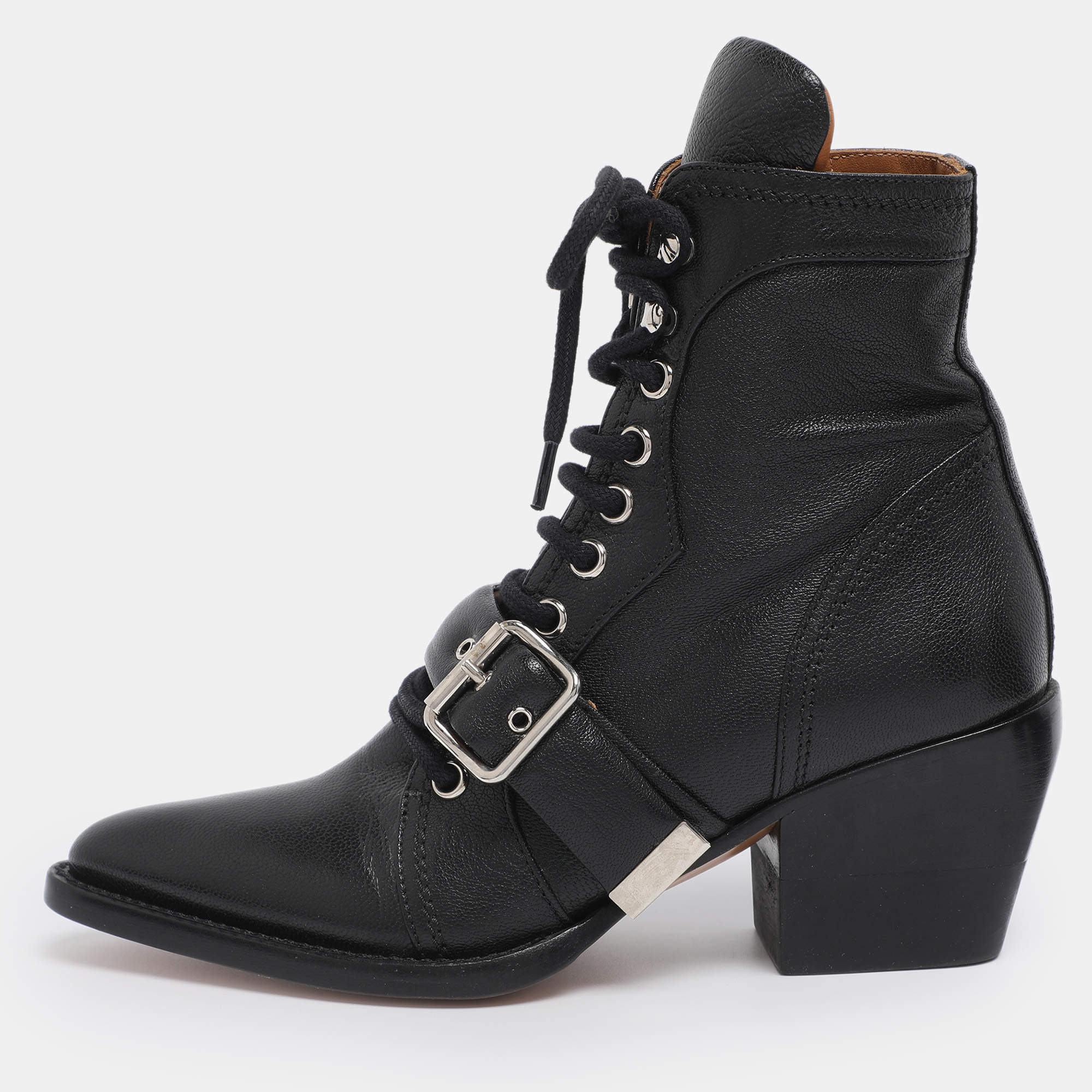 Pre Owned Chloe Black Leather Lace Up Booties Size 35