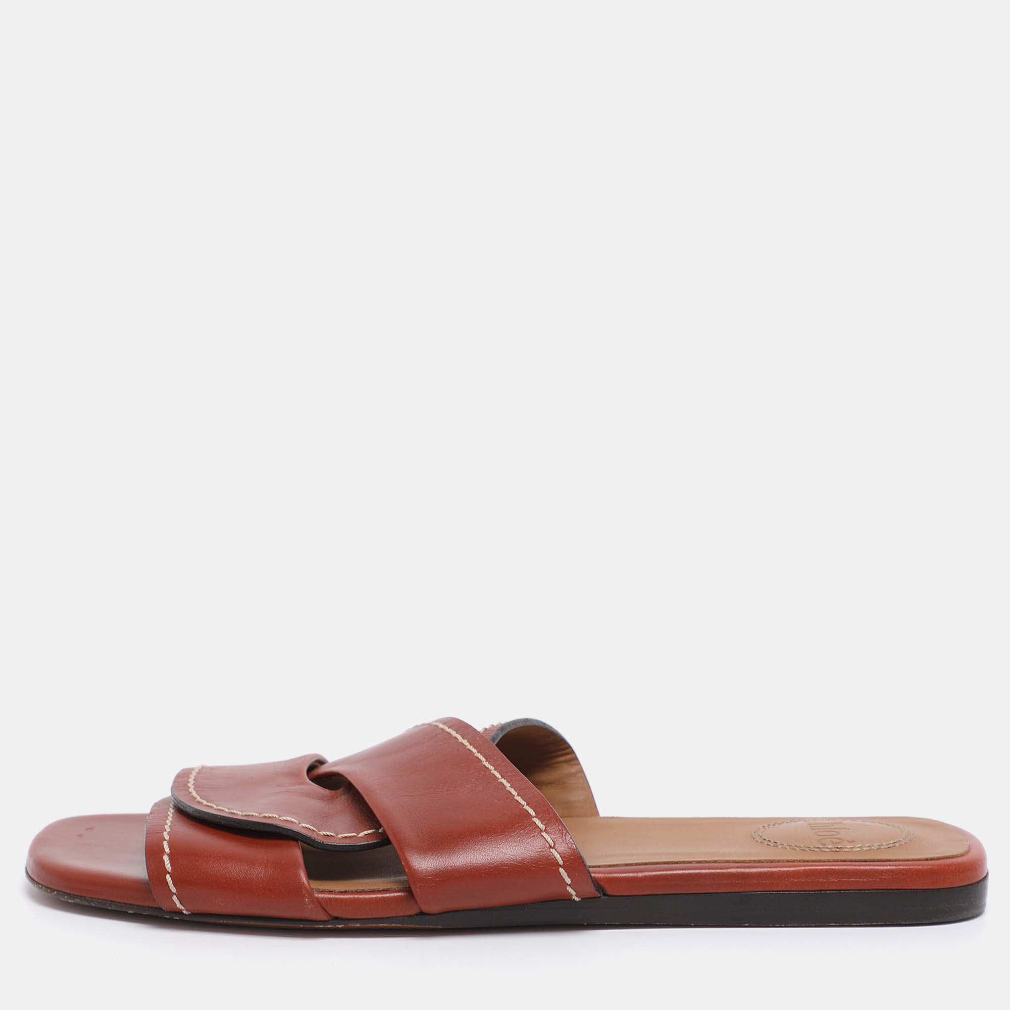 Pre Owned Chloe Brown Leather Slide Sandals Size 35