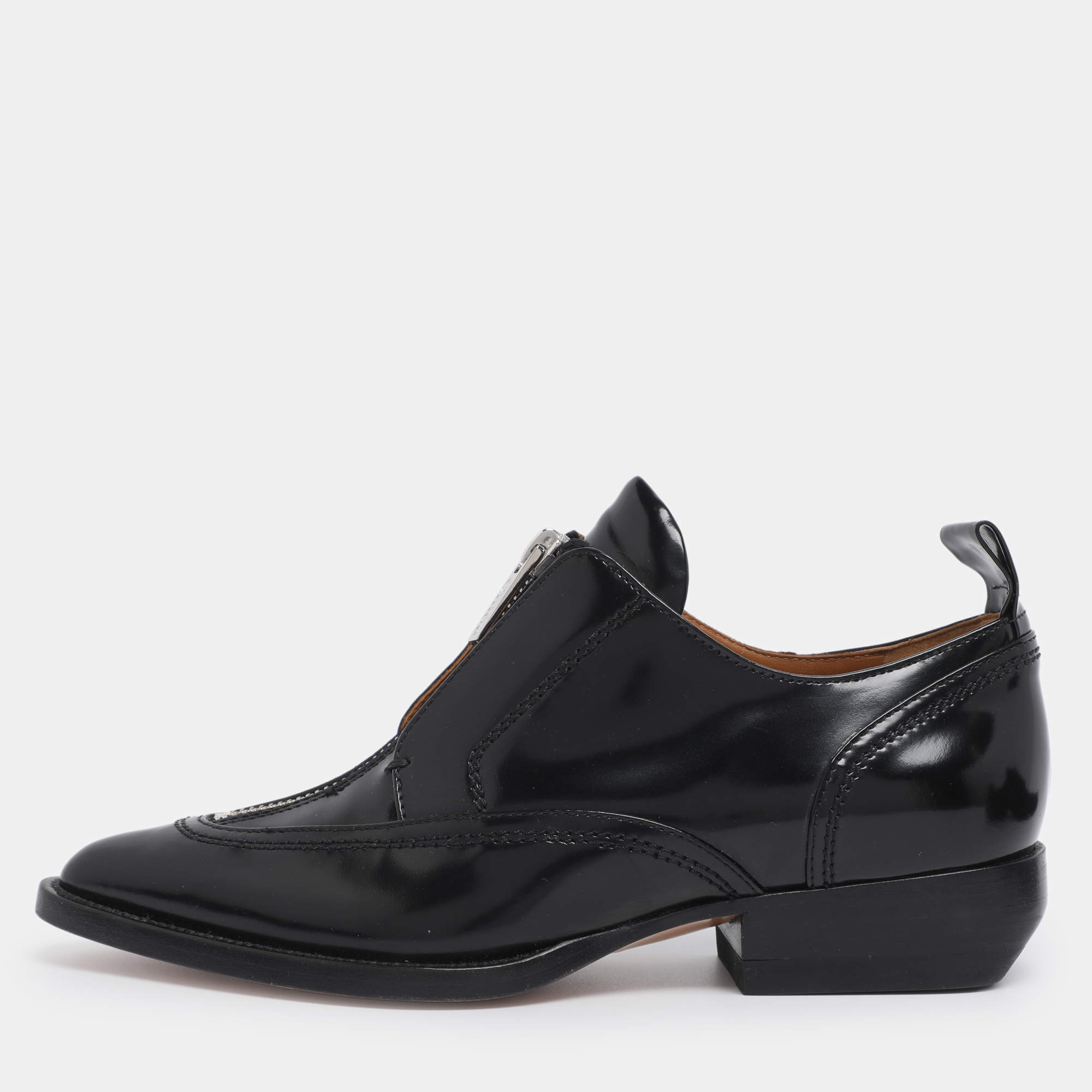 Pre Owned Chloé Black Patent Leather Rylee Zip Up Derby Size 35.5