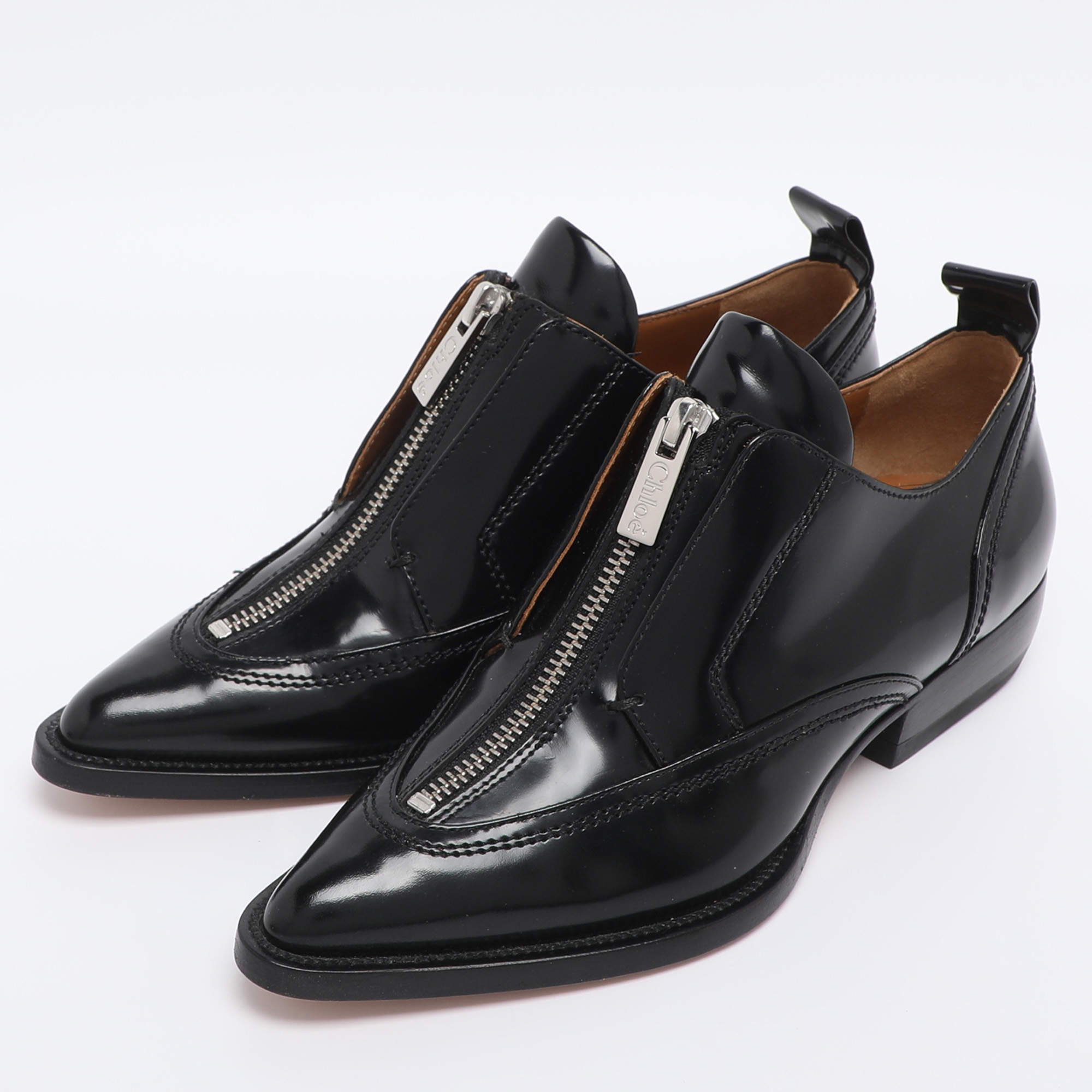Celine Black Patent Leather Gold Metal Plate Lace Up Oxfords