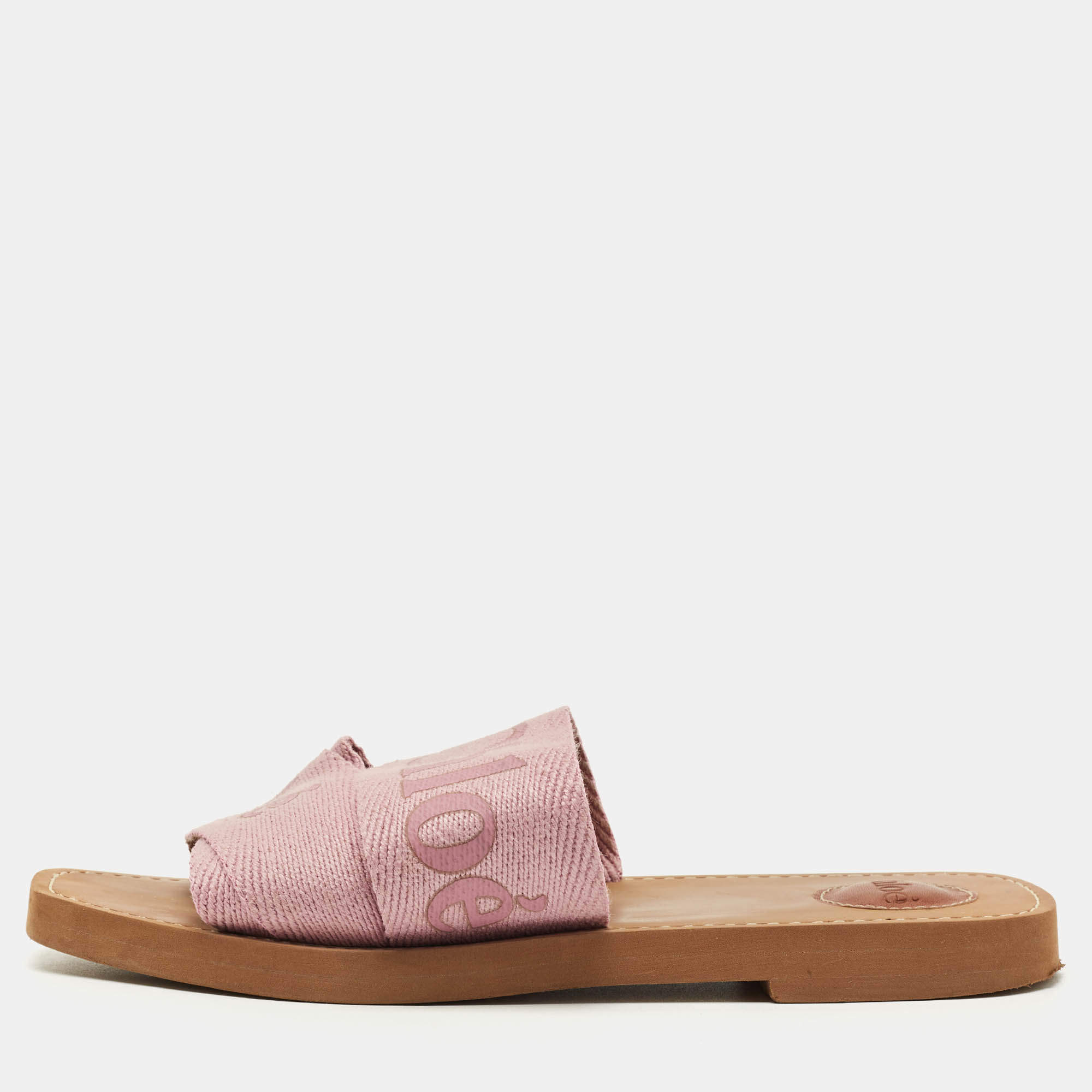 Pre Owned Chloé Purple Canvas Logo Woody Flat Slide Sandals Size 38