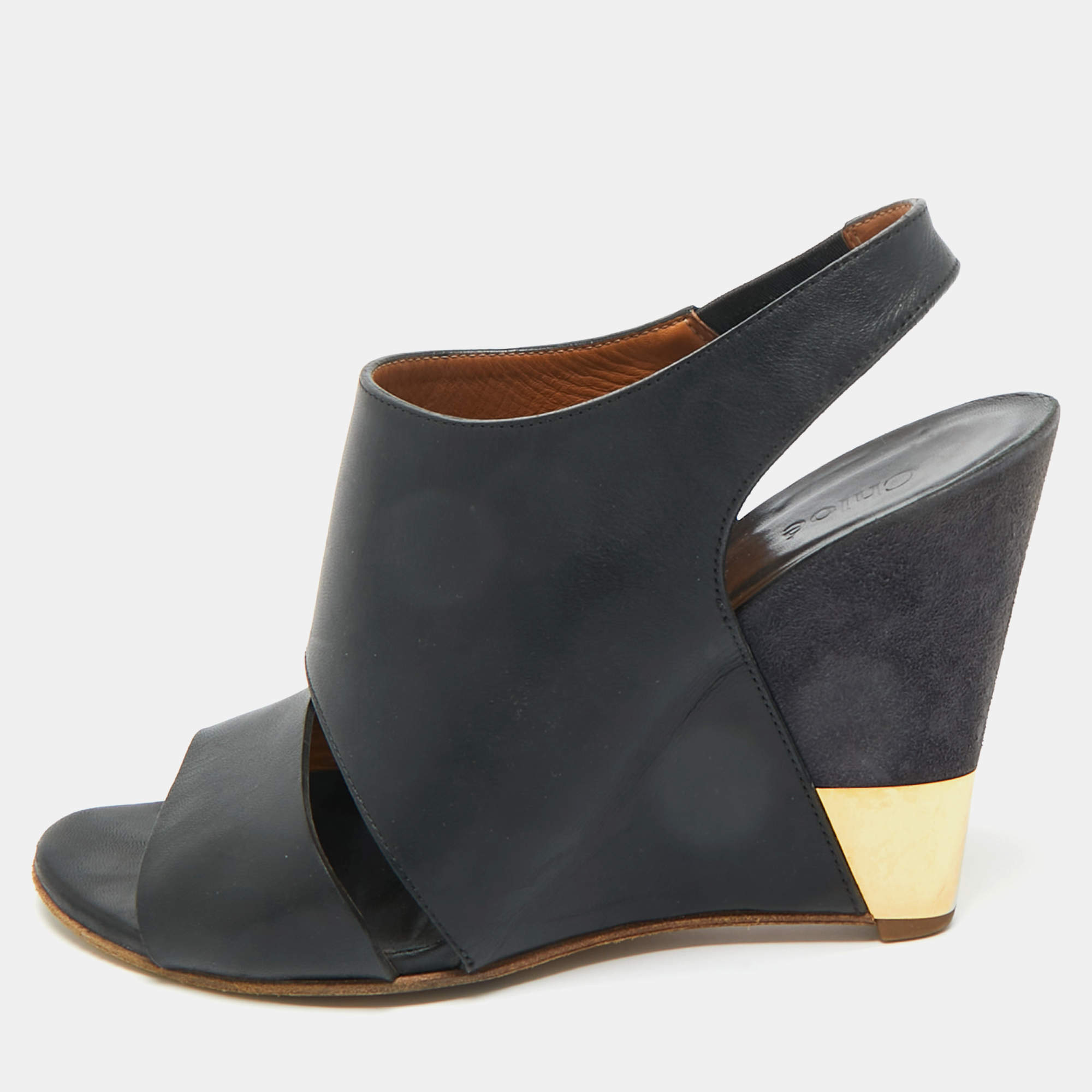 Pre Owned Chloe Black Leather Liz Wedge Slingback Sandals Size 38.5