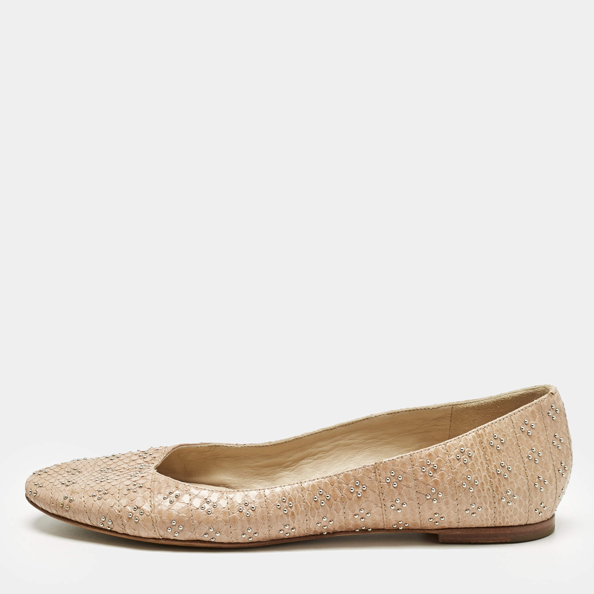 Pre Owned Chloe Beige Snakeskin Leather Studs Embellished Ballet Flats Size 40