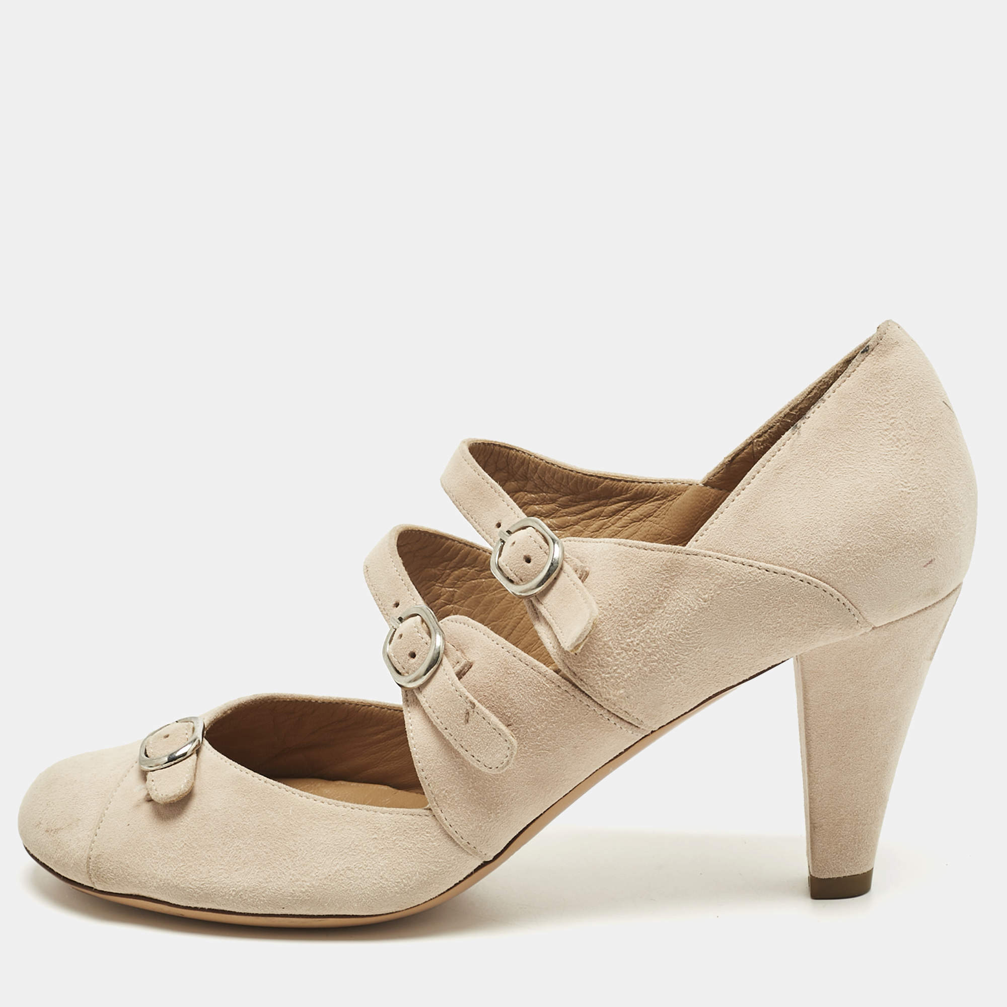 مملوكة مسبقًا حذاء كعب عالي كلوي سويدي كريمي على شكل ماري جين مقاس 37