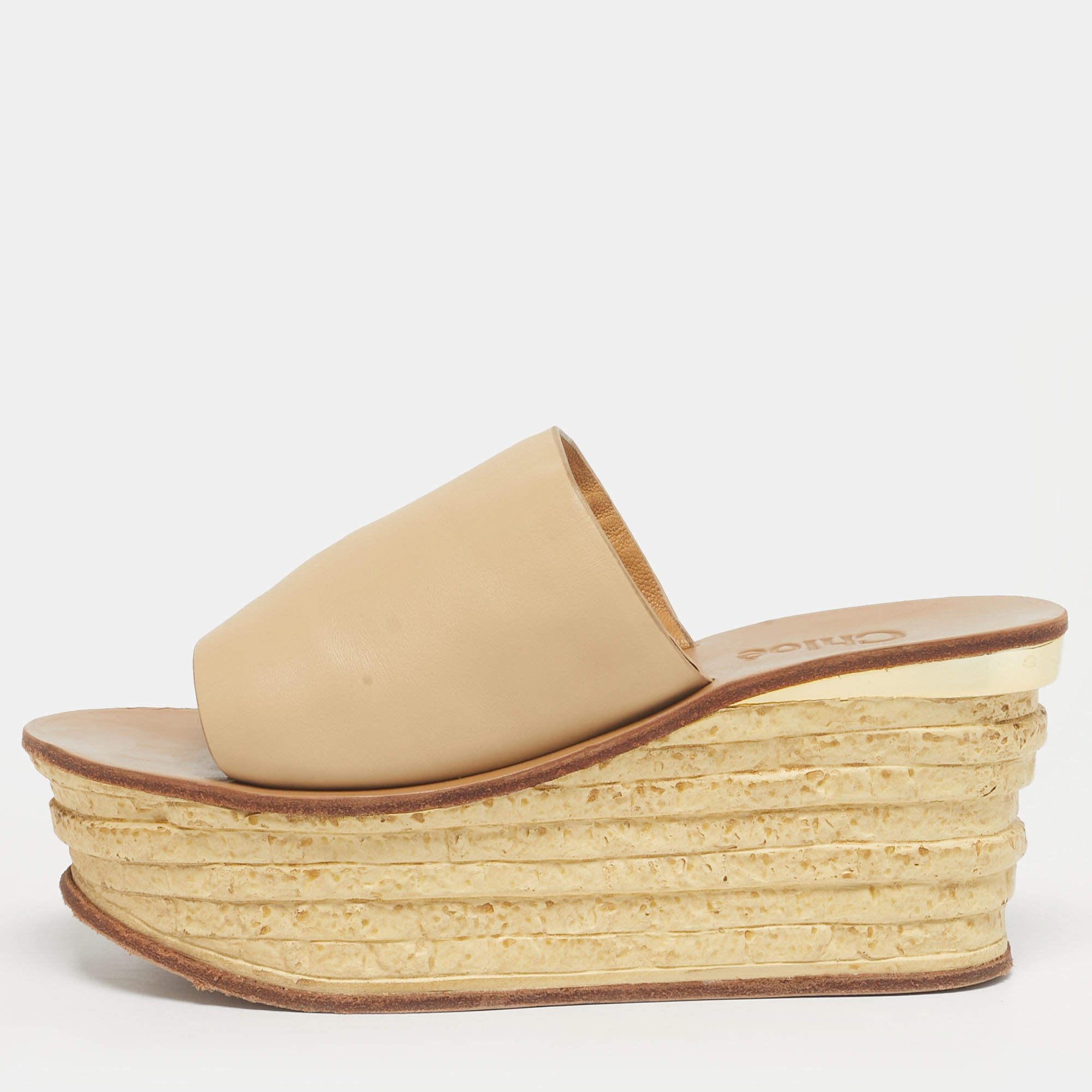 Pre Owned Chloe Beige Leather Wedge Slide Sandals Size 36