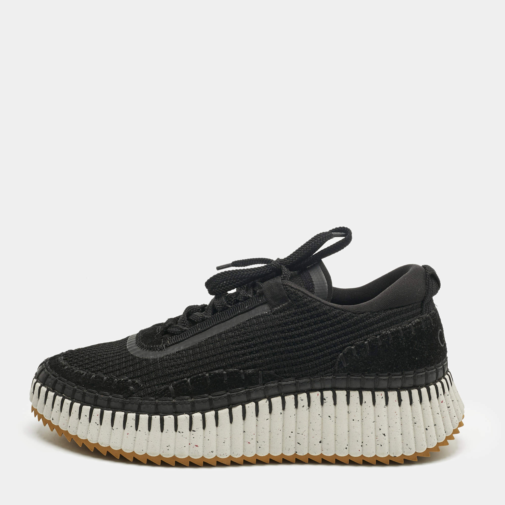 Pre Owned Chloe Black Knit Fabric and Suede Nama Low Top Sneakers Size 42