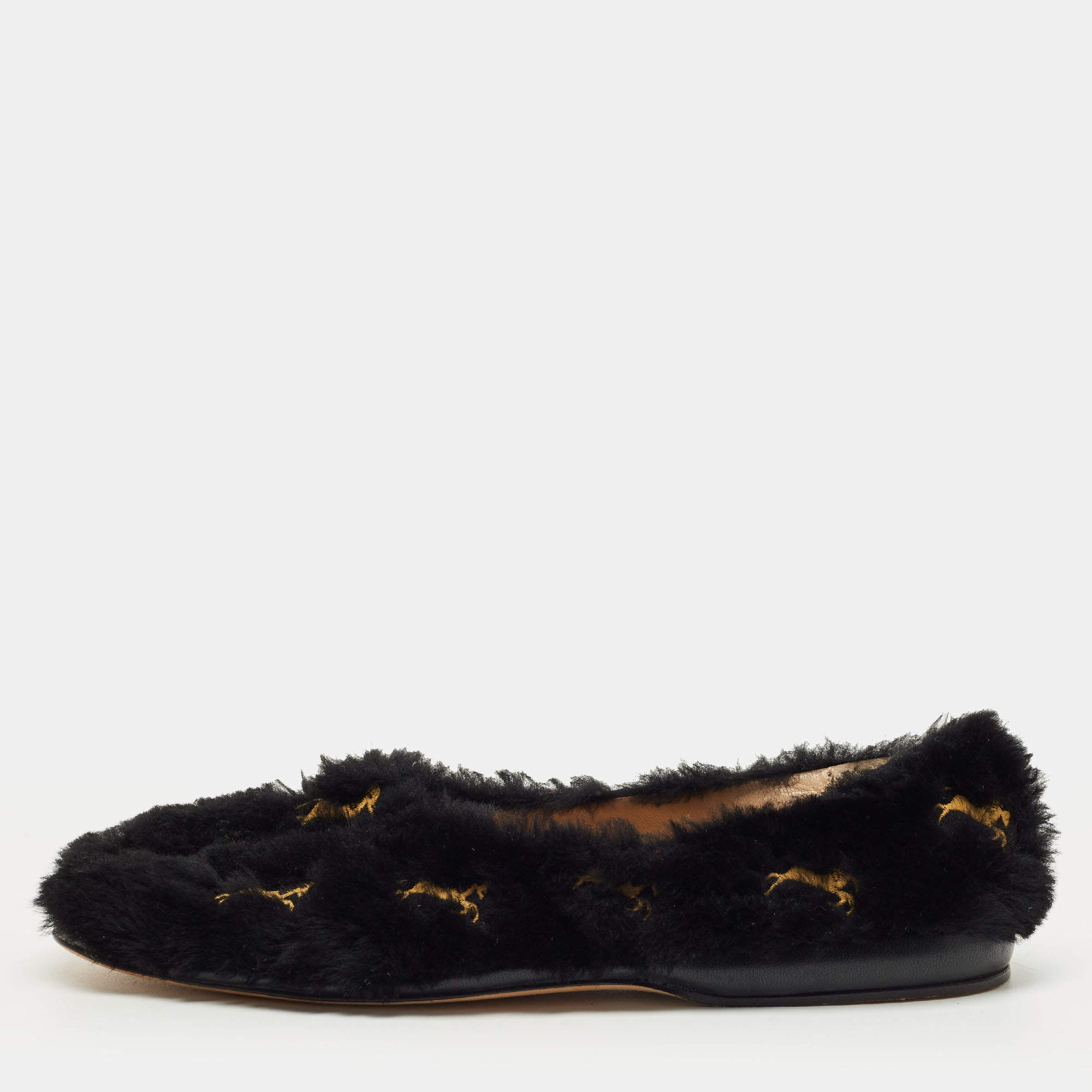 Pre Owned Chloe Black Fur Horse Embroidered Ballet Flats Size 37
