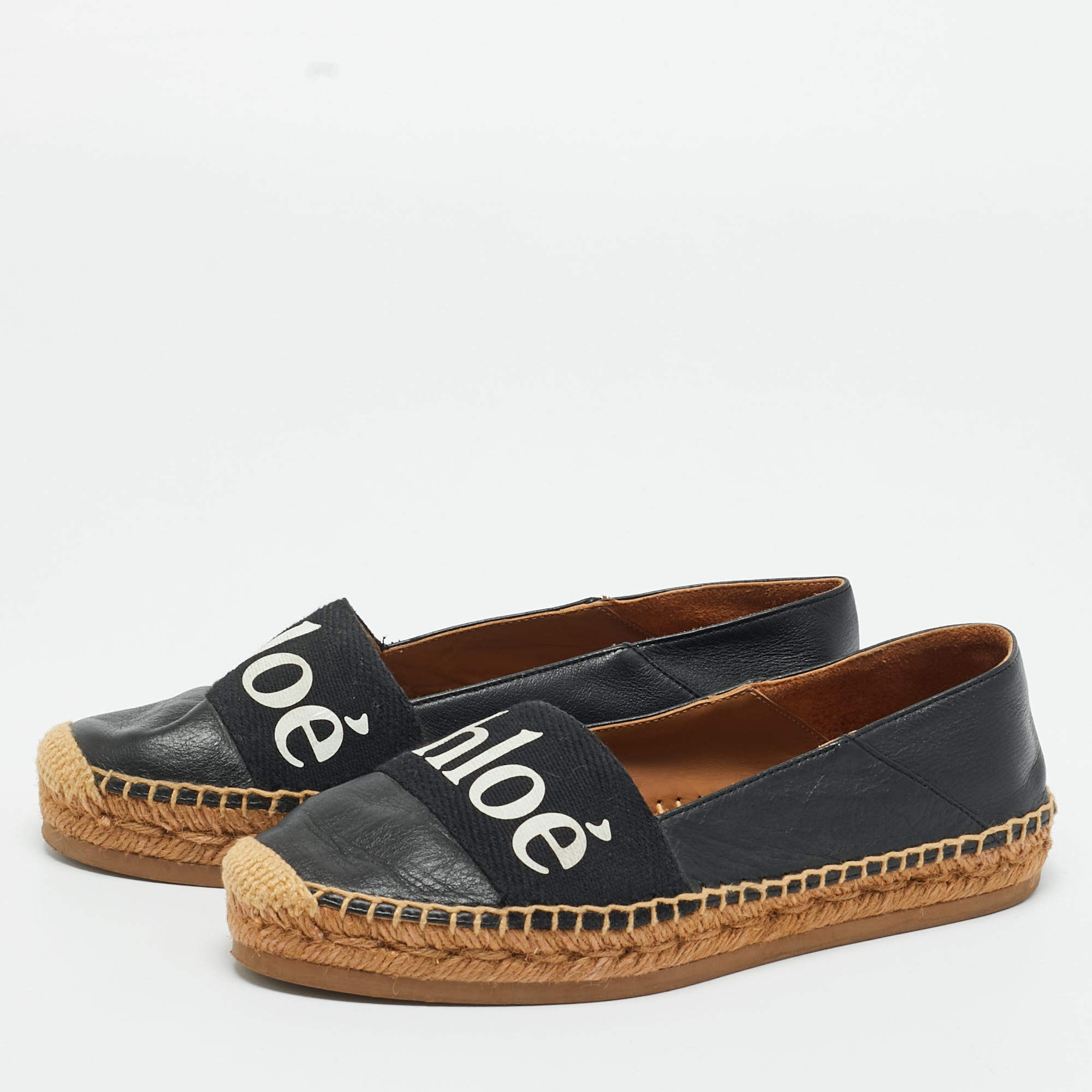 Chloe Black Leather and Logo Canvas Woody Espadrille Flats Size 36
