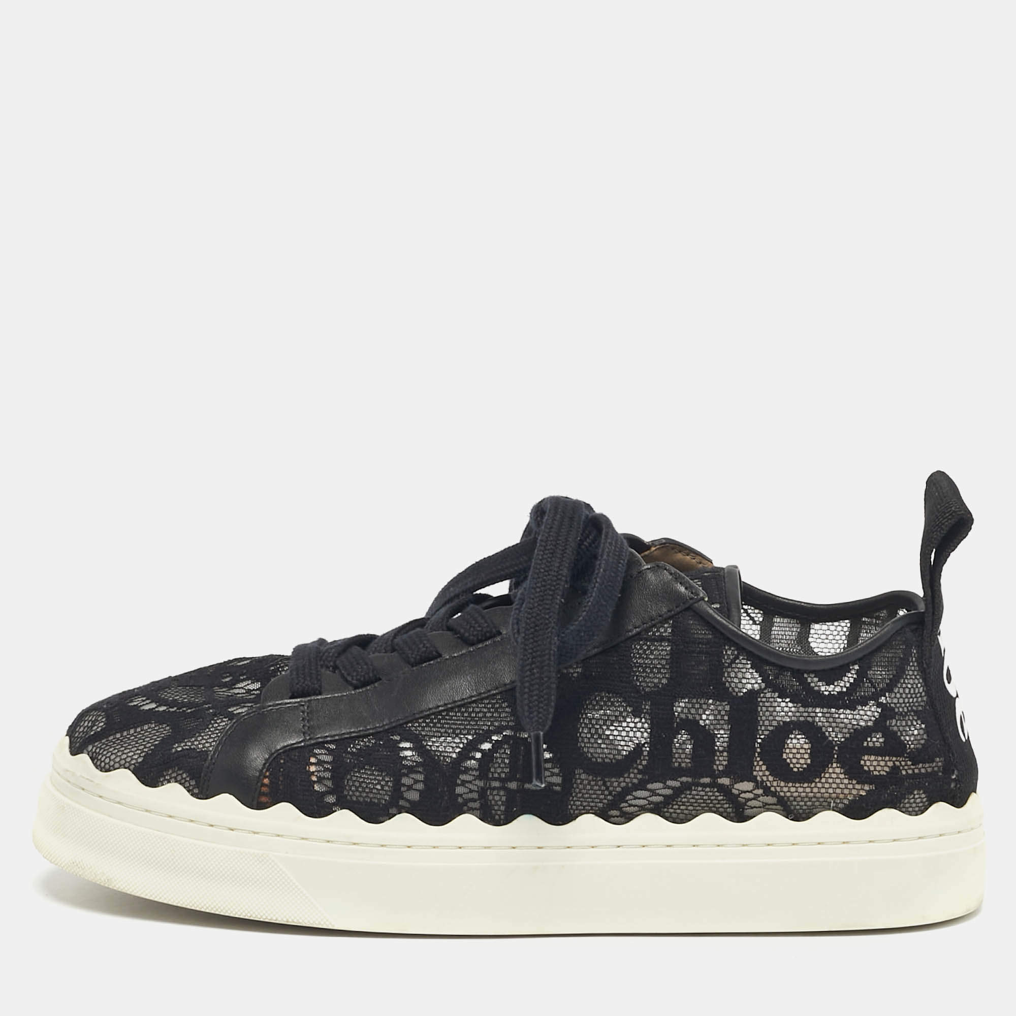 Pre Owned Chloe Black Lace and Leather Lauren Platform Low Top Sneakers Size 41