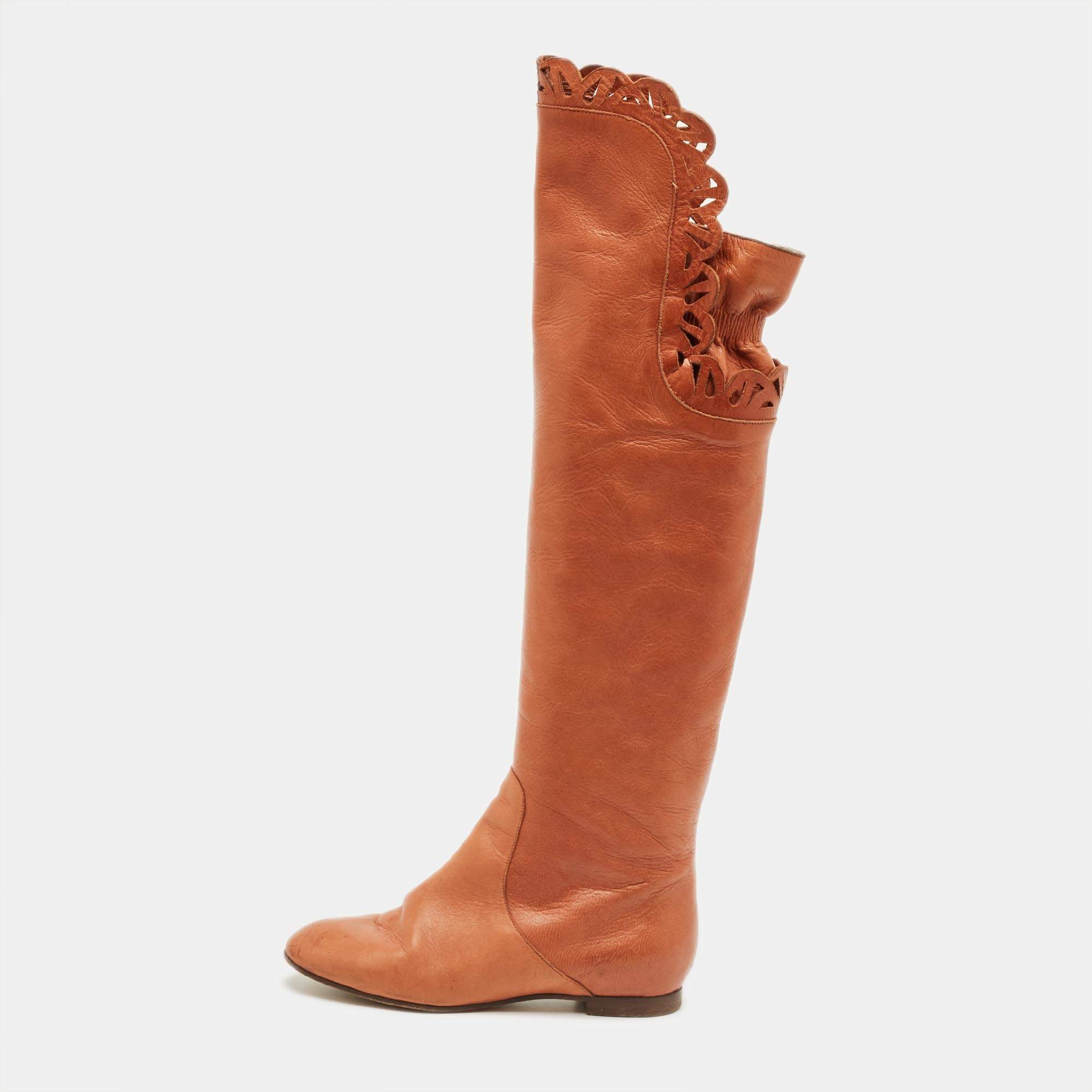 Pre Owned Chloe Brown Leather Knee Length Boots Size 36