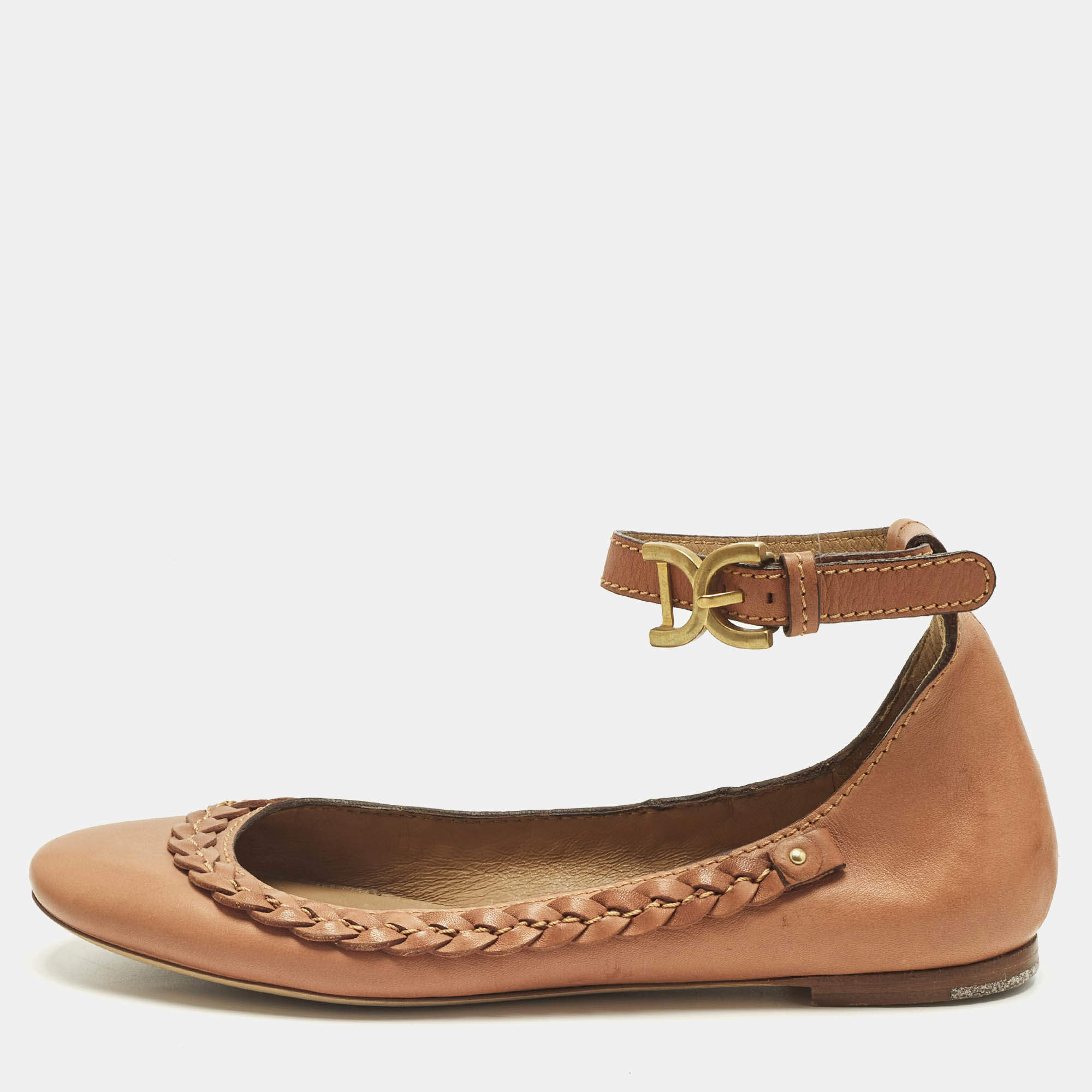 Pre Owned Chloe Brown Leather Braided Cuff Ballet Flats Size 37