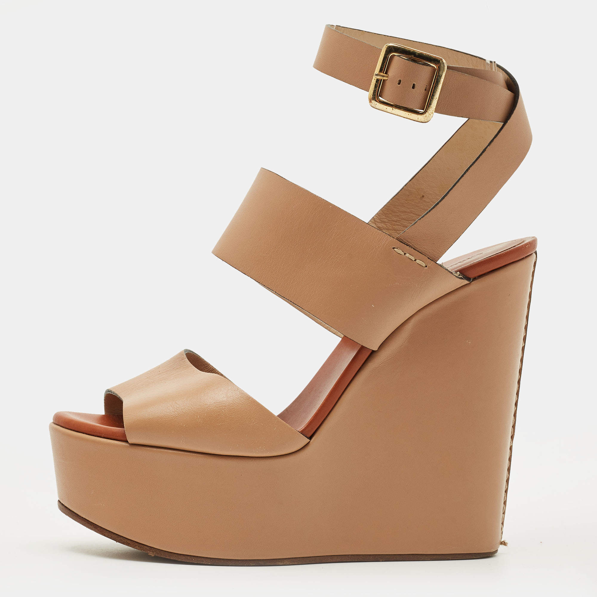 مملوكة مسبقًا Chloe Size 38 Beige Leather Wedge Ankle Wrap Sandals