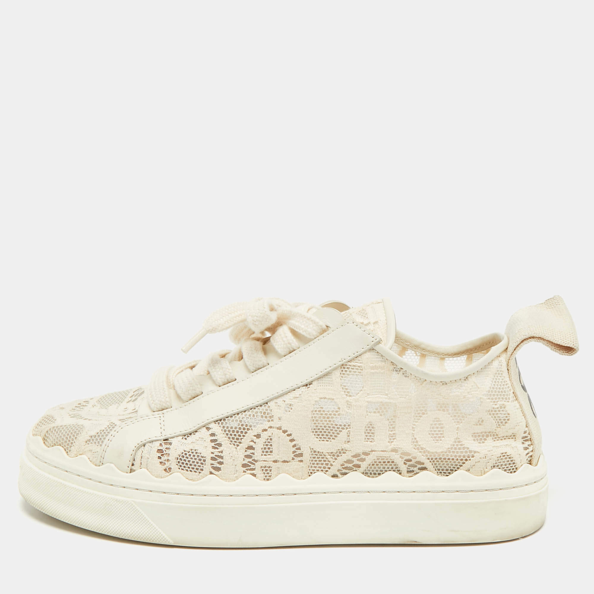 Pre Owned Chloe Lauren Size 39 Cream Lace and Leather Low Top Sneakers
