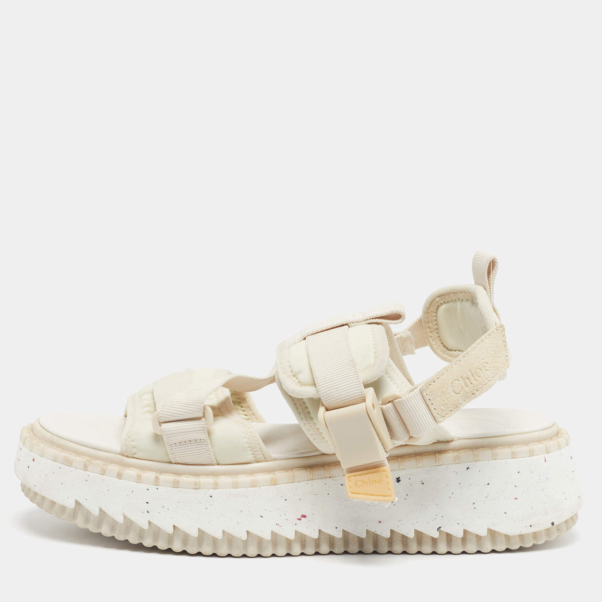 Pre Owned Chloe Lilli Size 39 White Fabric Platform Slingback Sandals