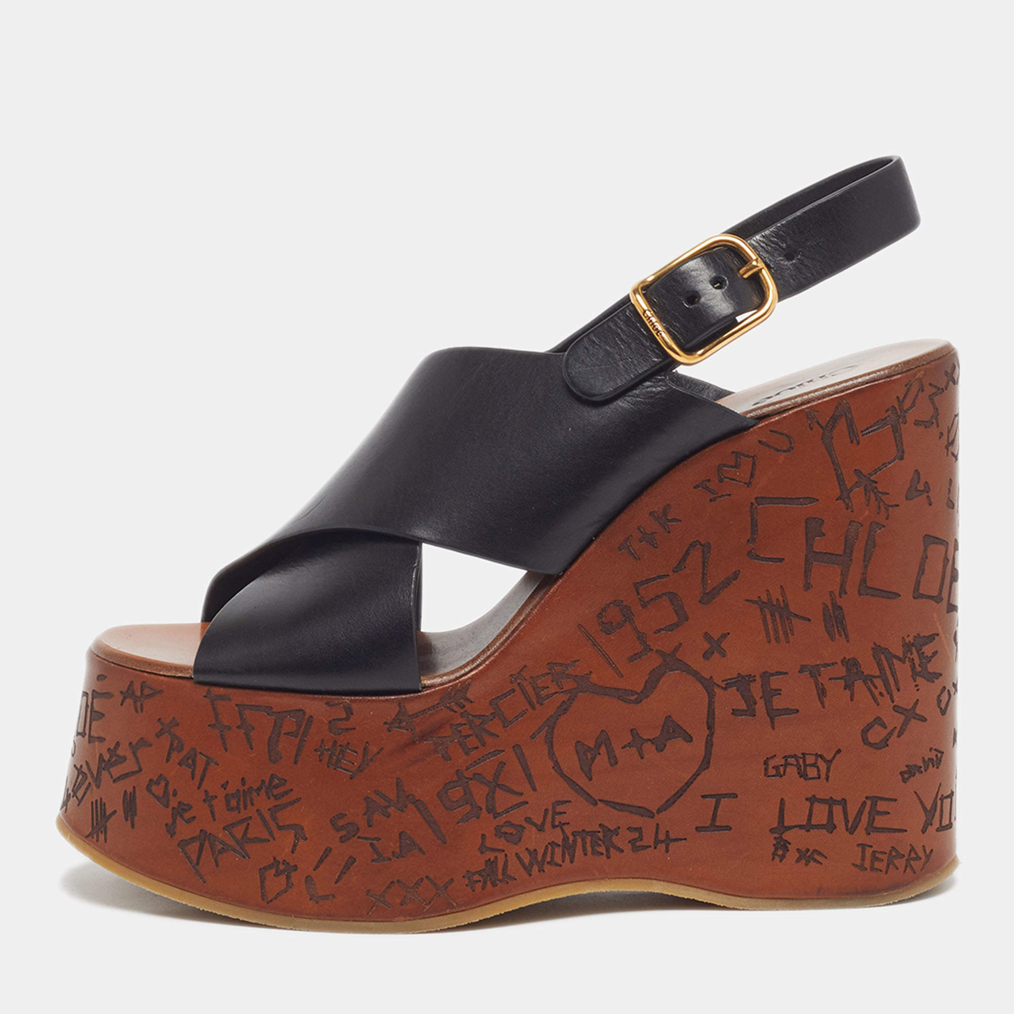 Pre Owned Chloe Maxime Size 39 Black Leather Wedge Sandals