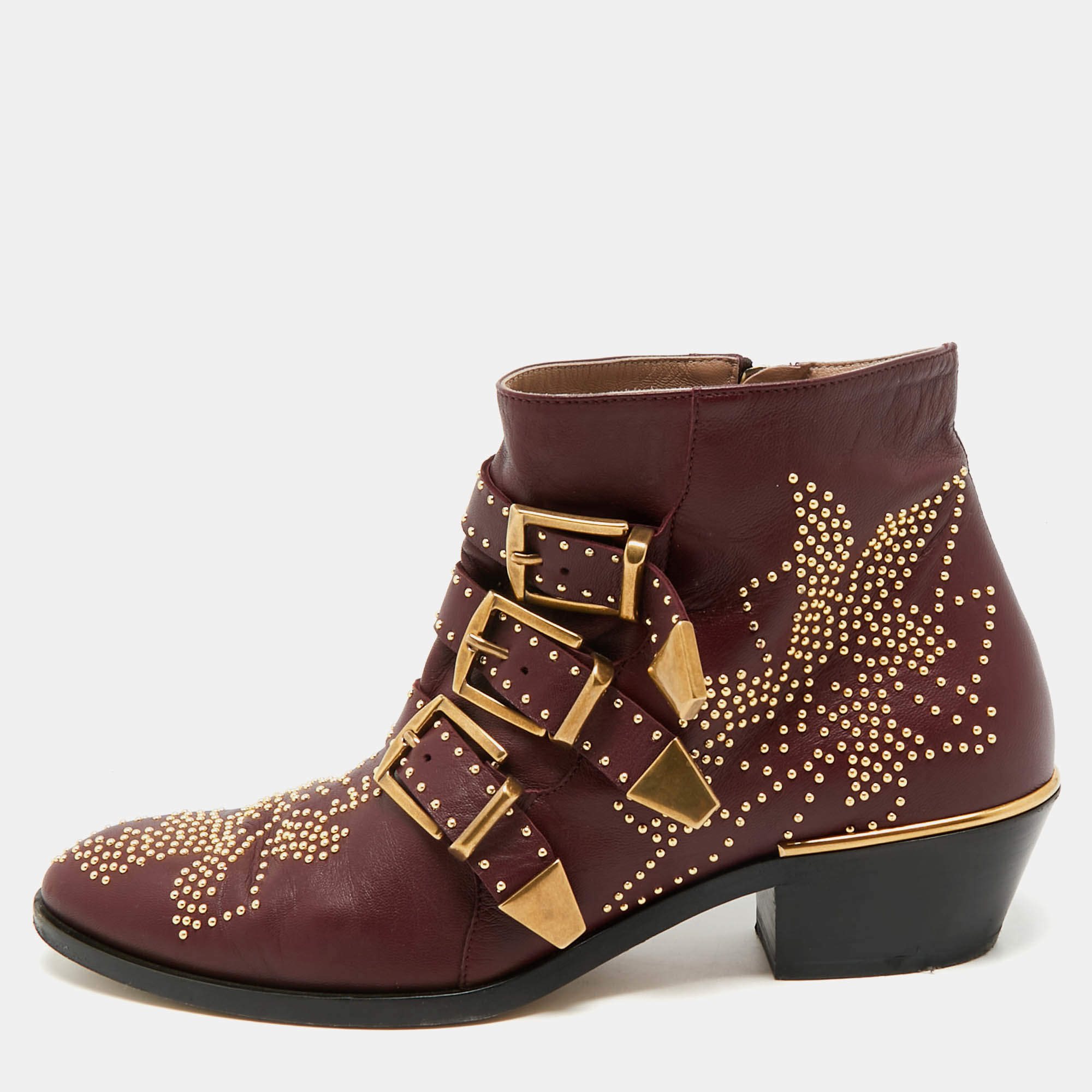 Pre Owned Chloe Susanna Size 38 Burgundy Leather Ankle Boots