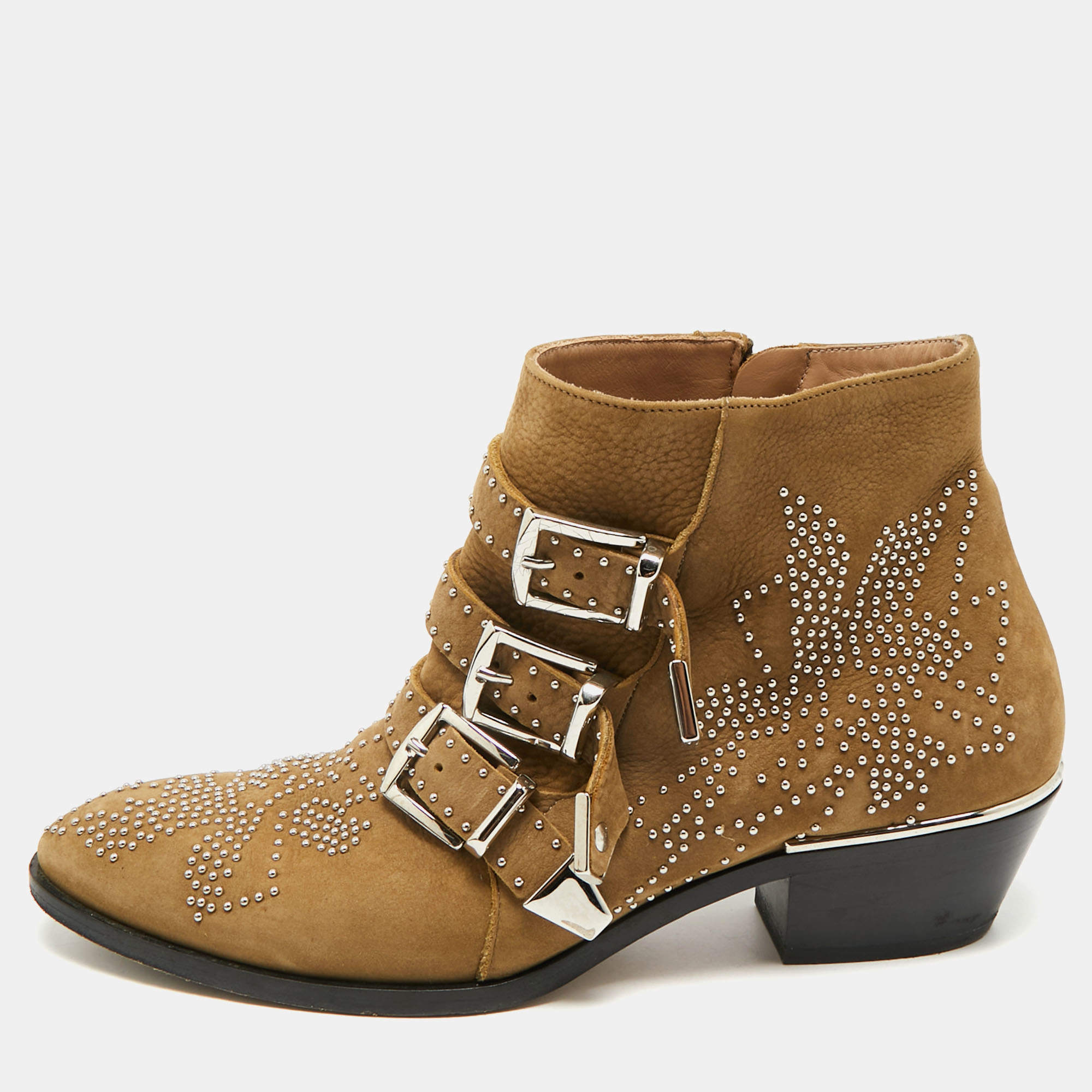 Pre Owned Chloe Susanna Studded Size 38 Olive Green Nubuck Leather Ankle Boots