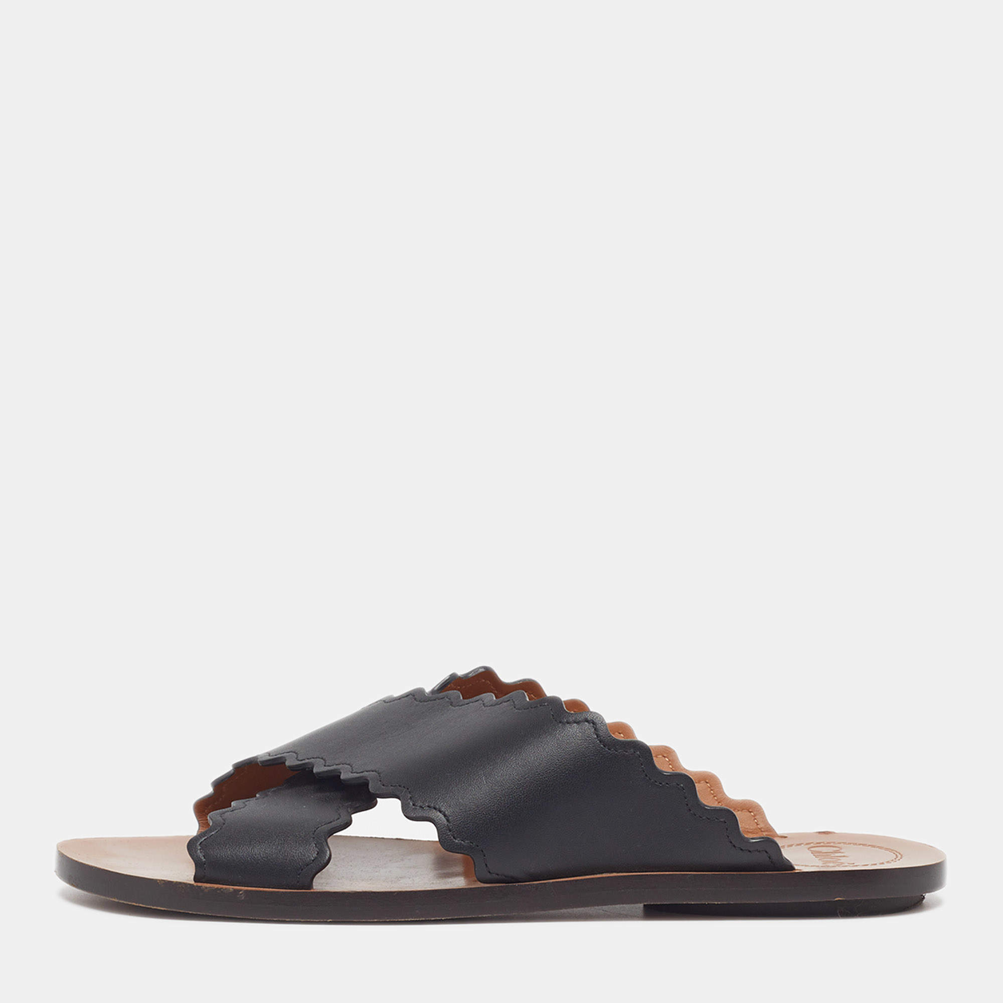 Pre Owned Chloe Lauren Size 37 Black Leather Criss-Cross Flat Slide