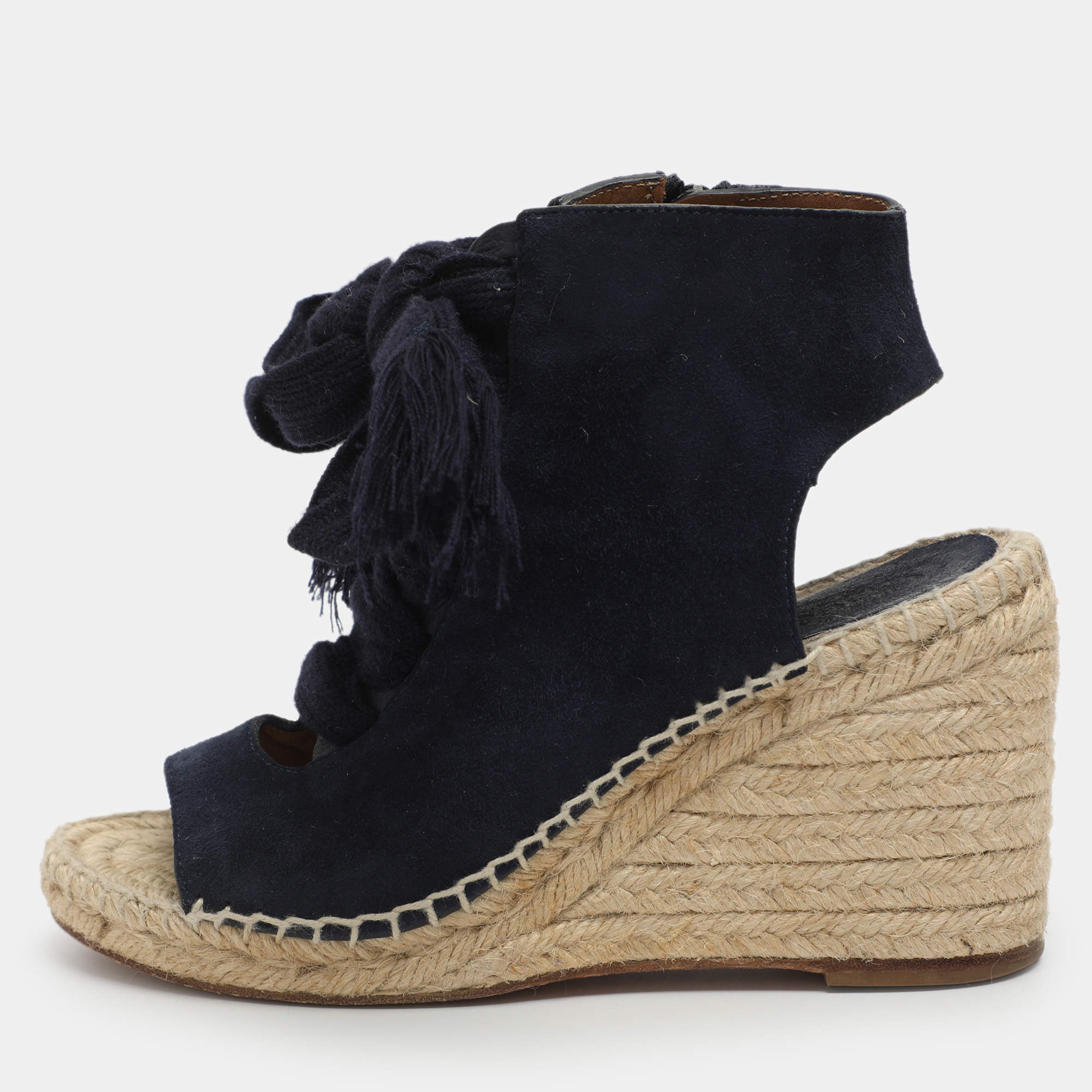 مملوكة مسبقًا صندل إسفين بكعب كلوي هاربر جلد أزرق سويدي برباط مقاس 35